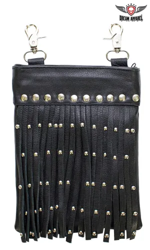 Black Leather Belt Bag with Studs and Fringe