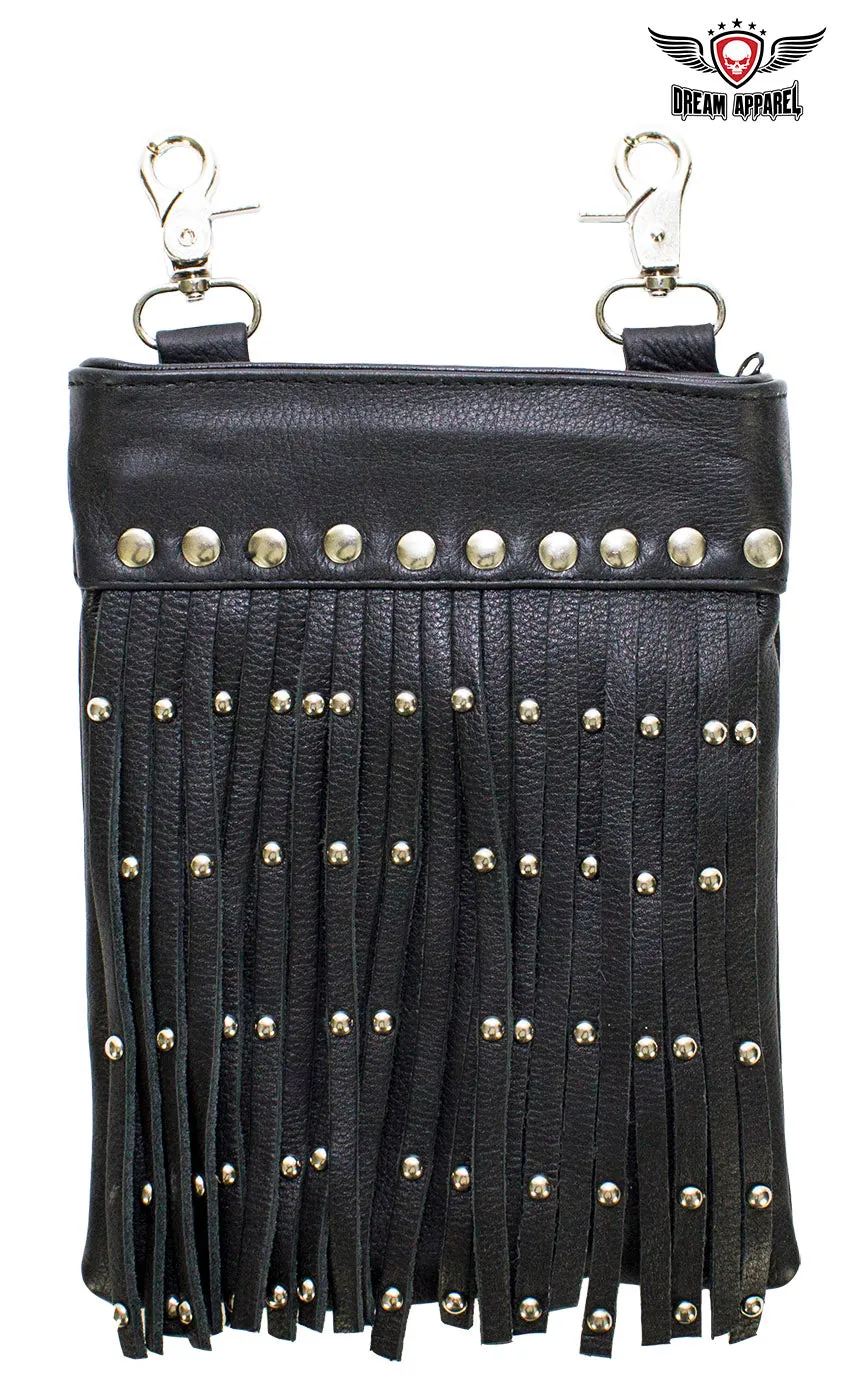 Black Leather Belt Bag with Studs and Fringe