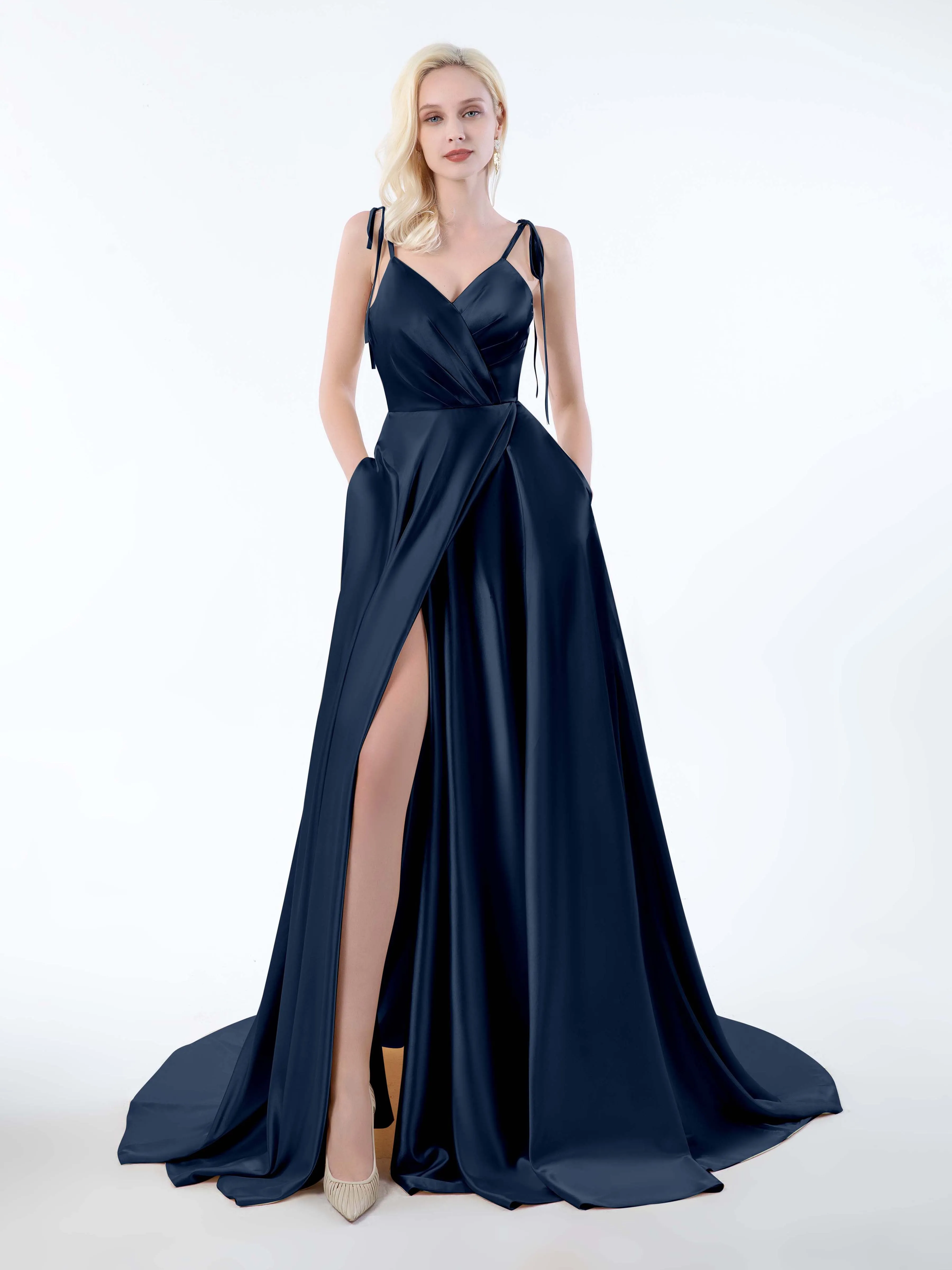Brynlee Gorgeous Ruched Slit Satin Dresses