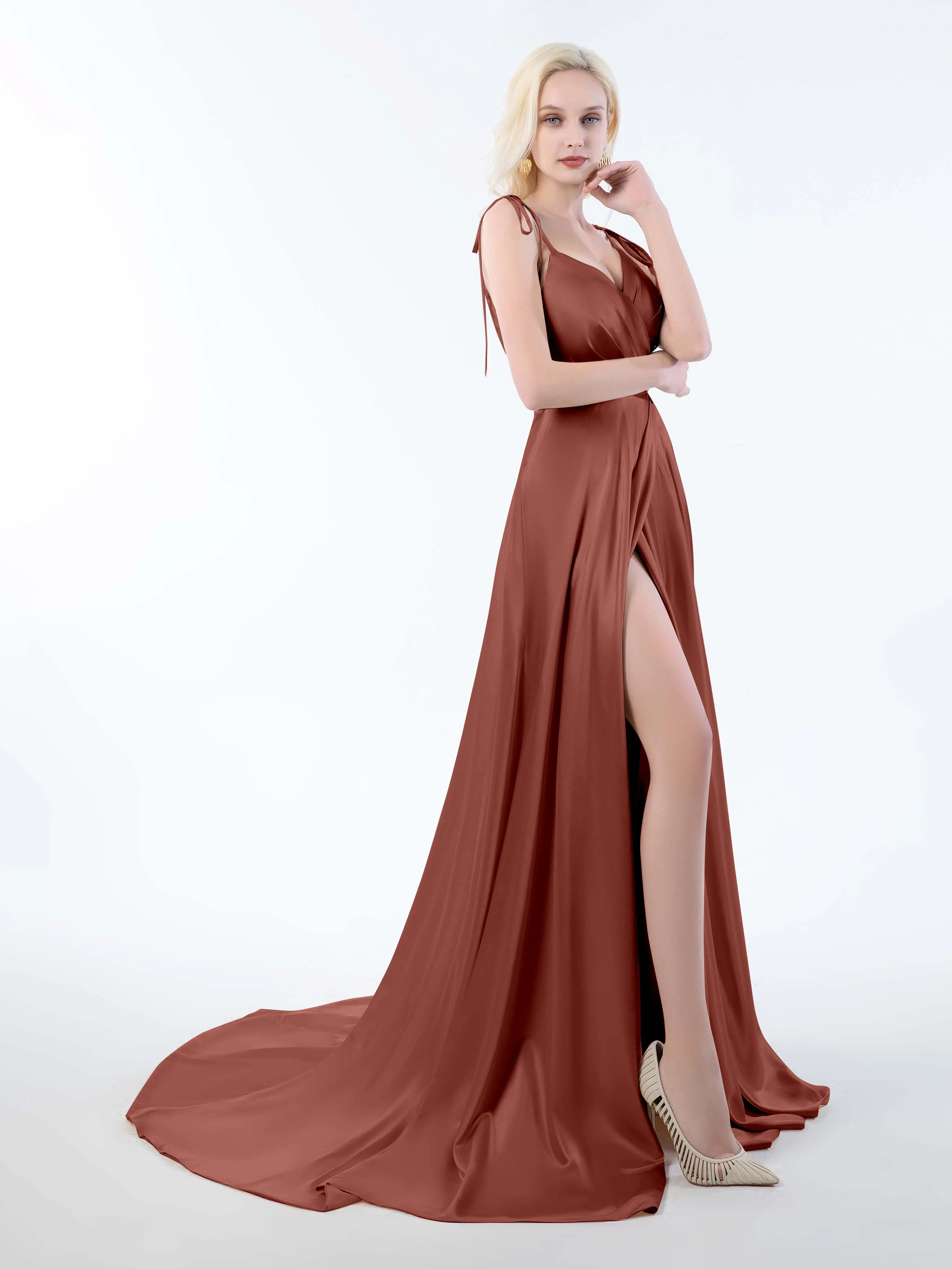 Brynlee Gorgeous Ruched Slit Satin Dresses
