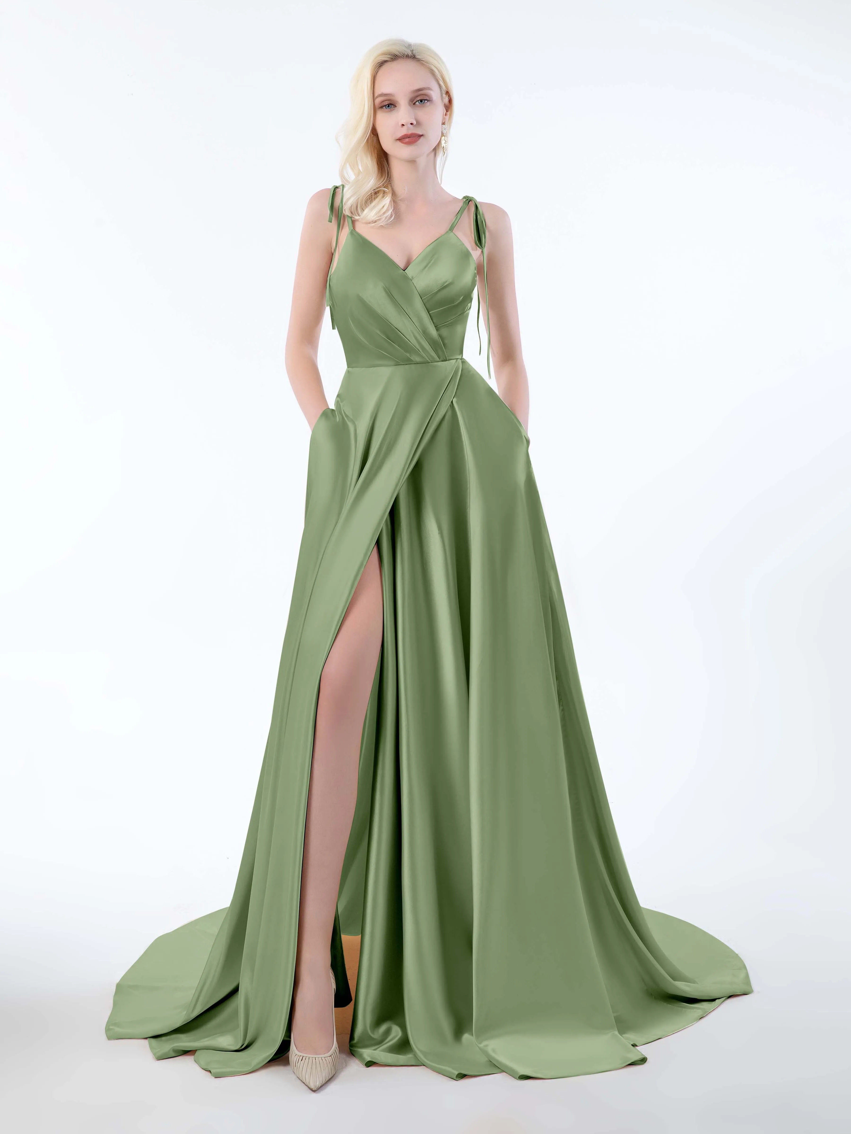 Brynlee Gorgeous Ruched Slit Satin Dresses