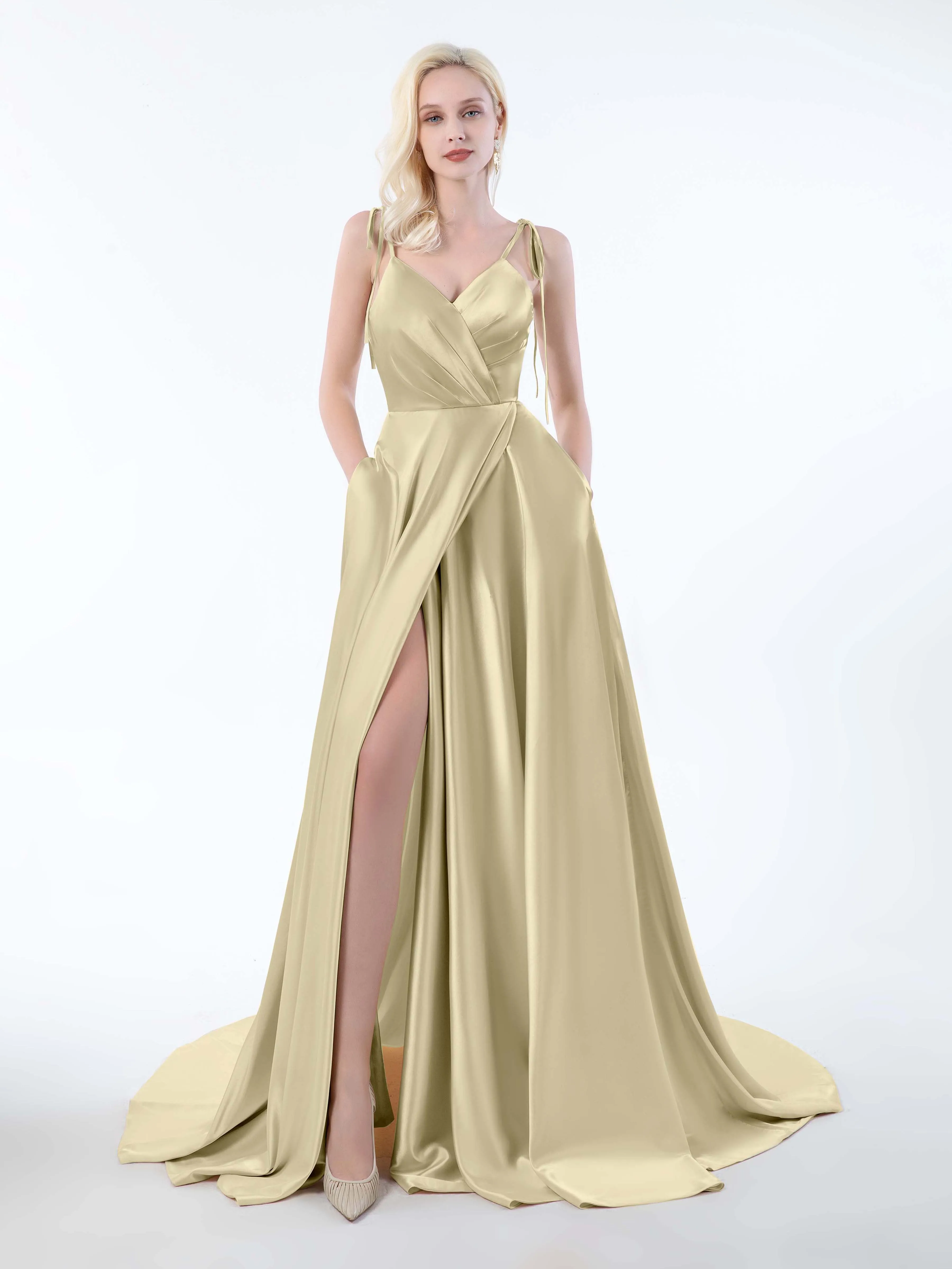 Brynlee Gorgeous Ruched Slit Satin Dresses