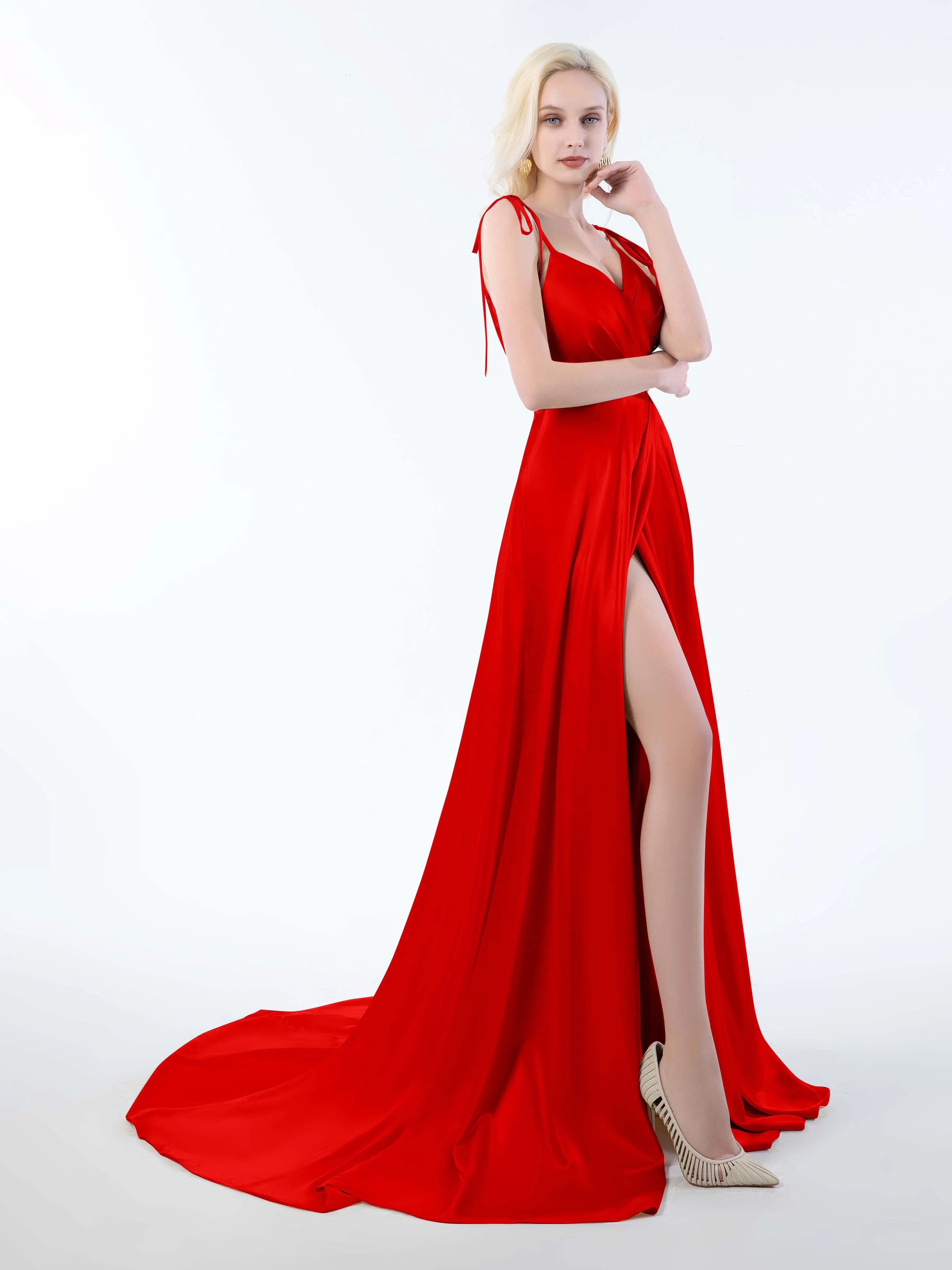 Brynlee Gorgeous Ruched Slit Satin Dresses