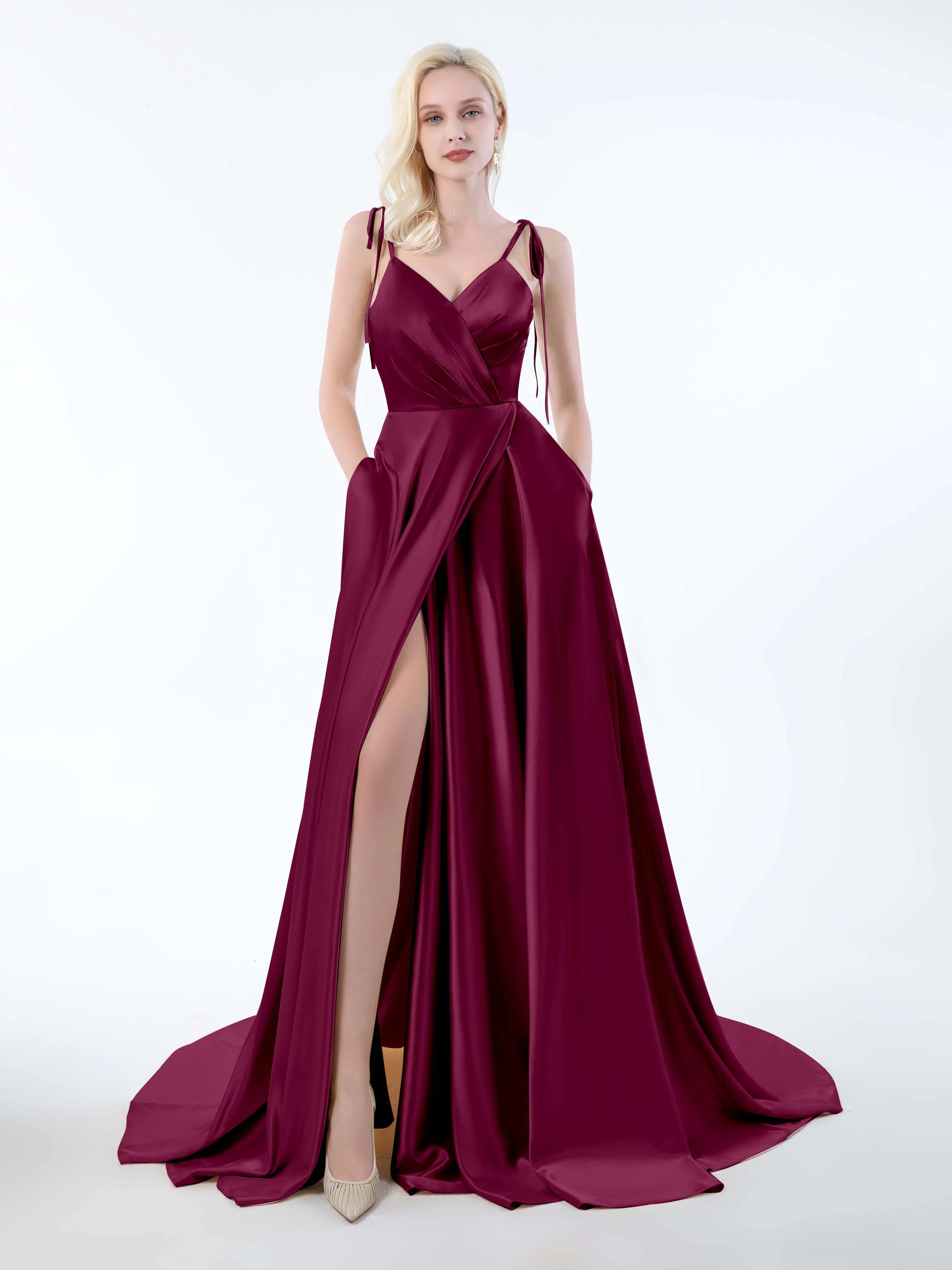 Brynlee Gorgeous Ruched Slit Satin Dresses