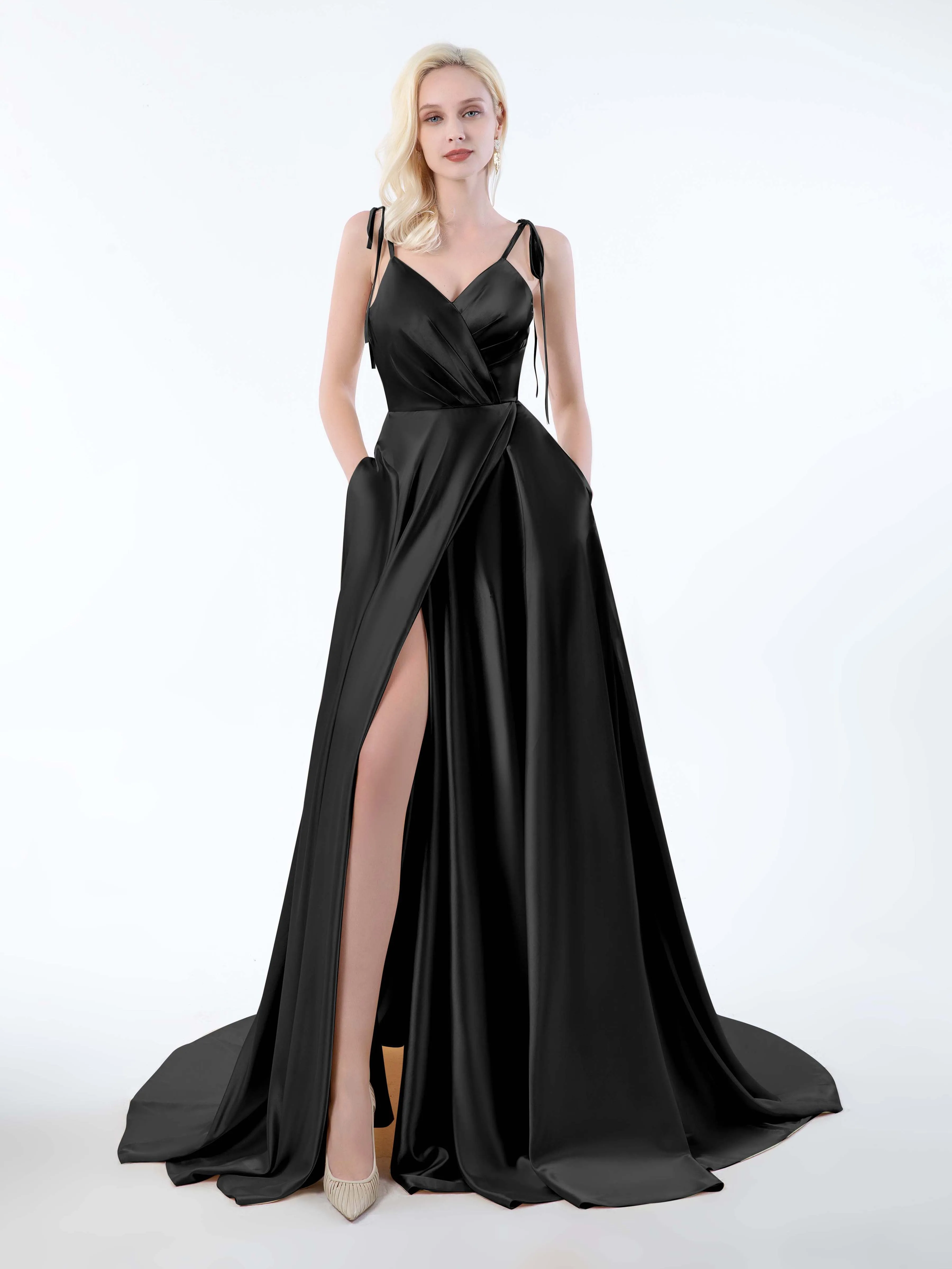 Brynlee Gorgeous Ruched Slit Satin Dresses