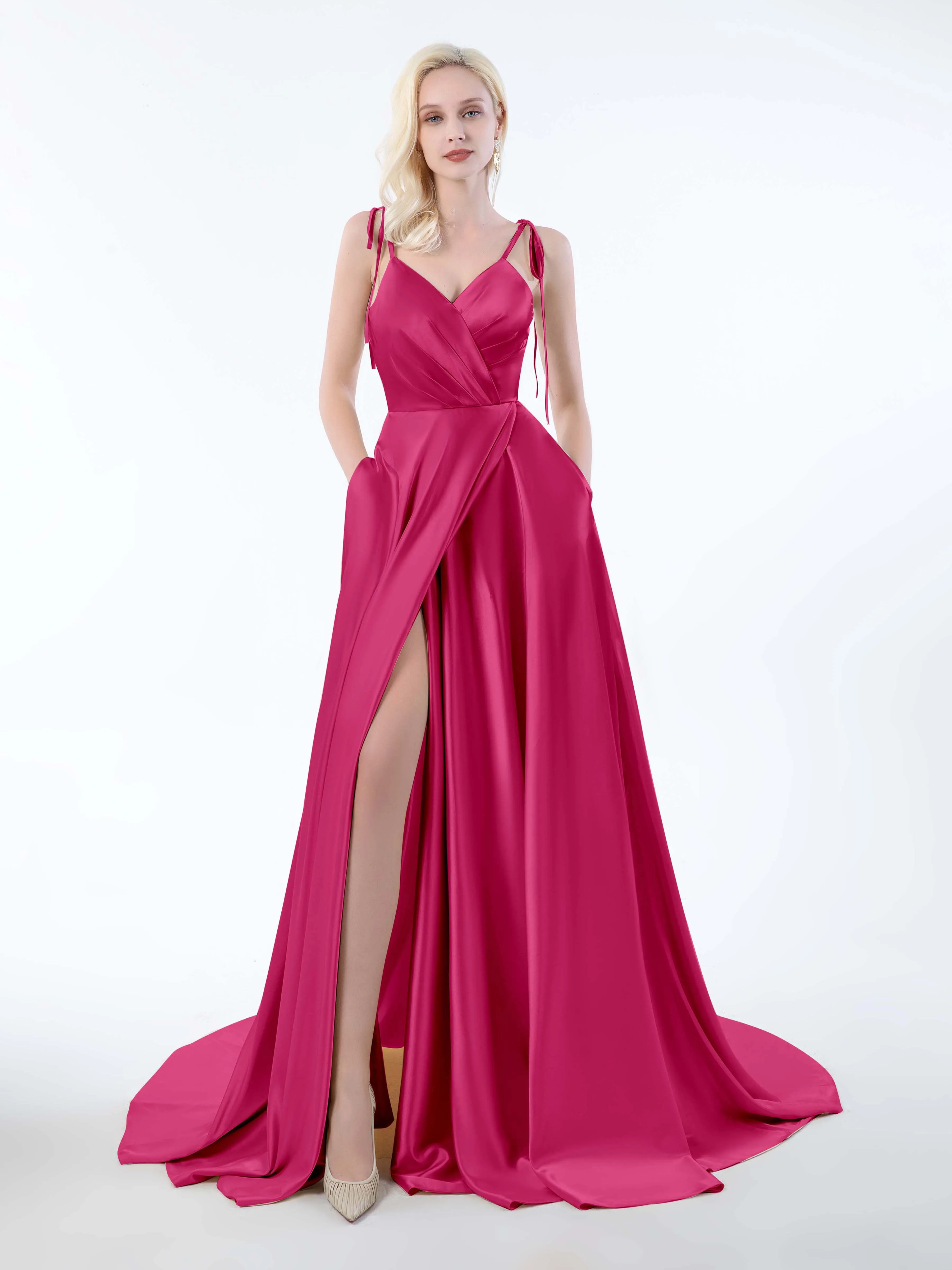 Brynlee Gorgeous Ruched Slit Satin Dresses