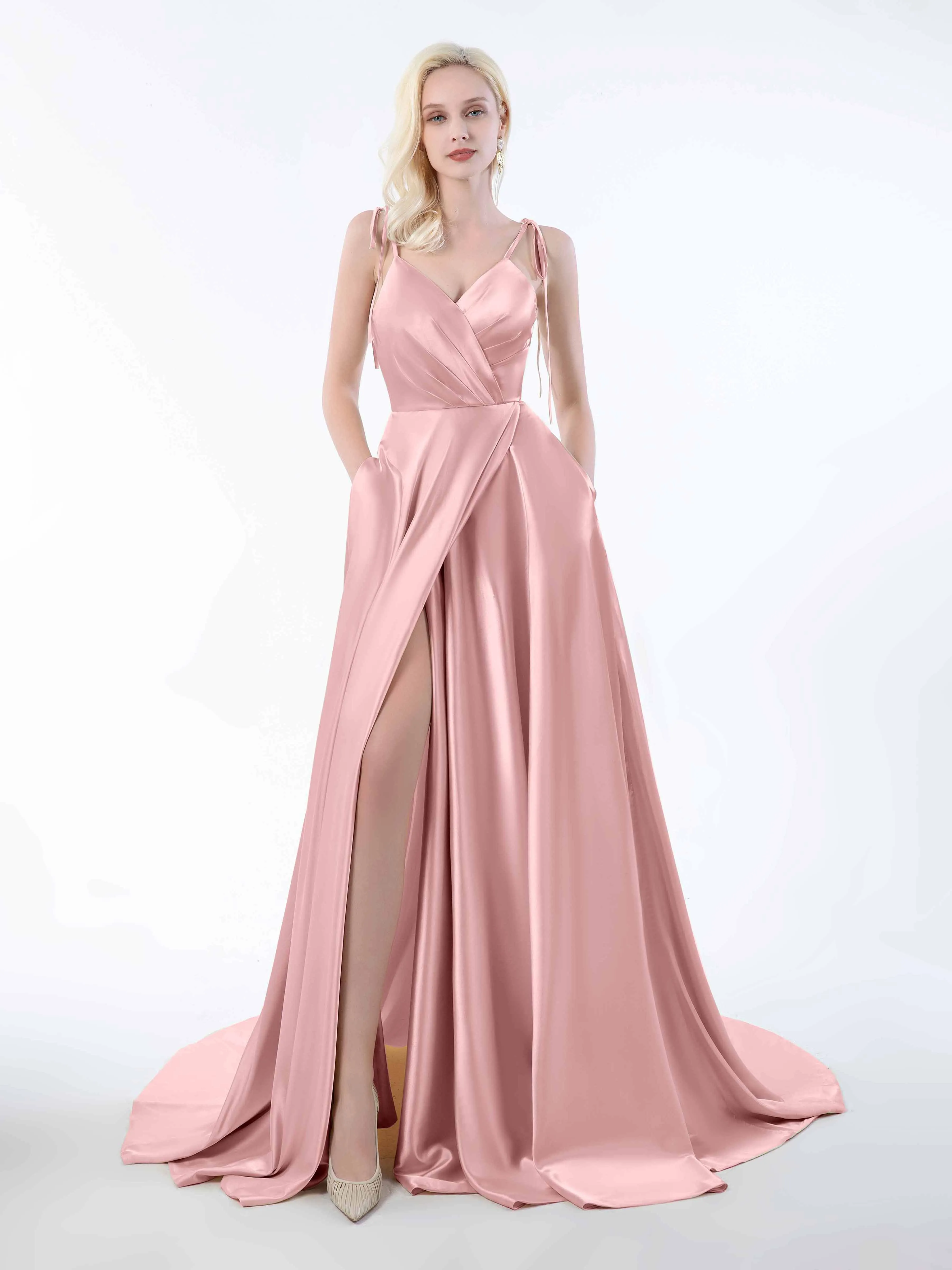 Brynlee Gorgeous Ruched Slit Satin Dresses
