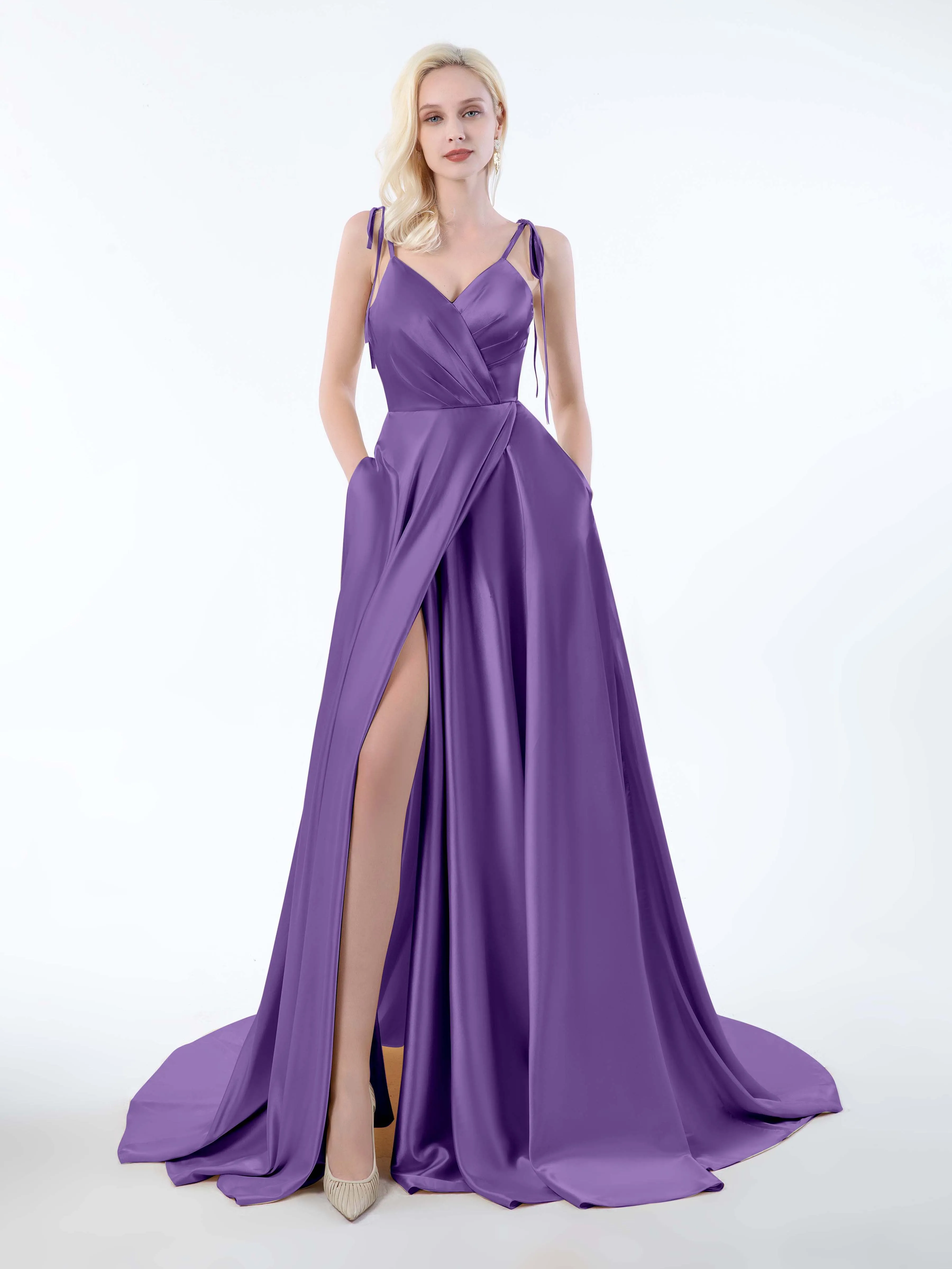 Brynlee Gorgeous Ruched Slit Satin Dresses