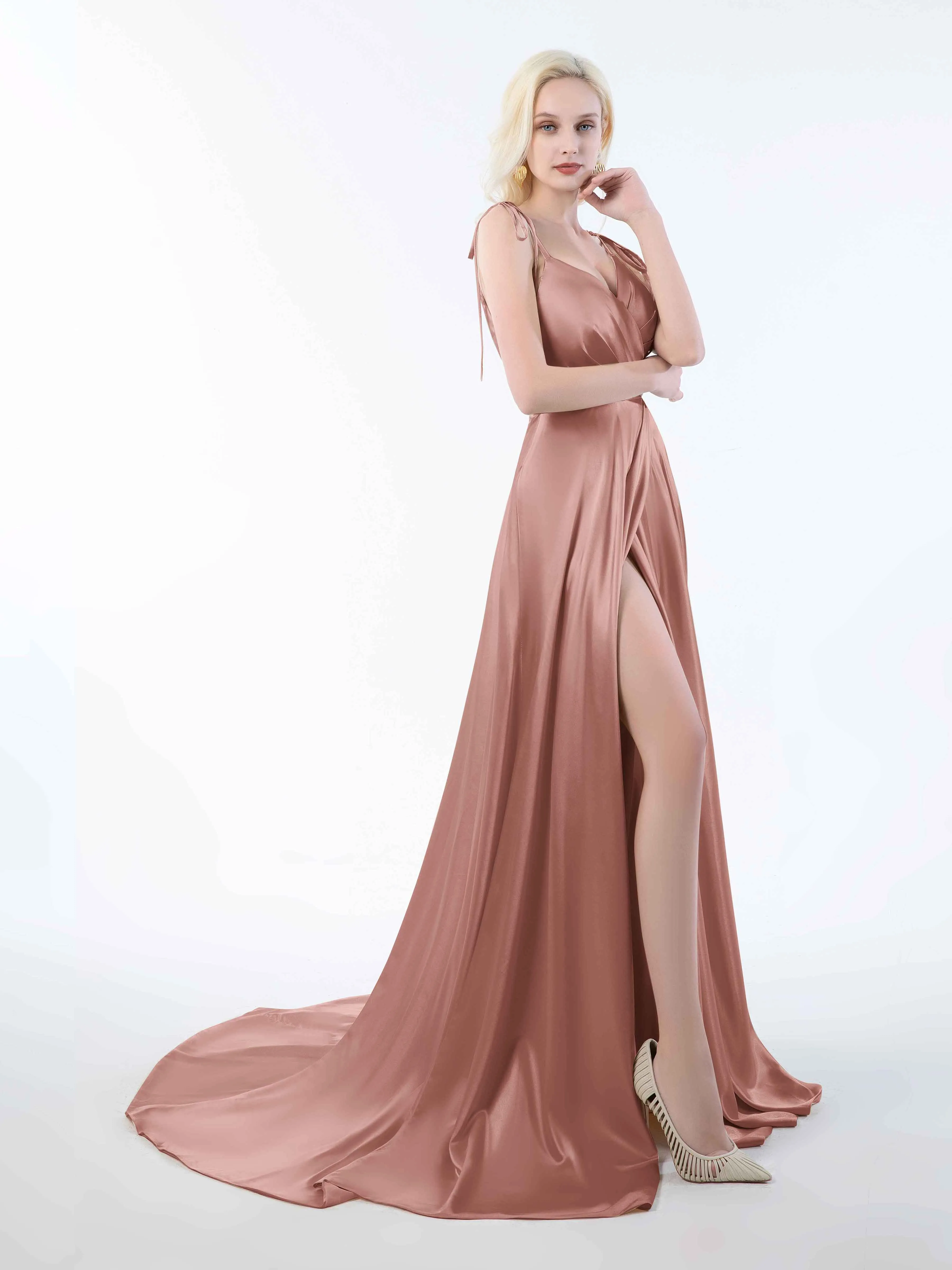 Brynlee Gorgeous Ruched Slit Satin Dresses