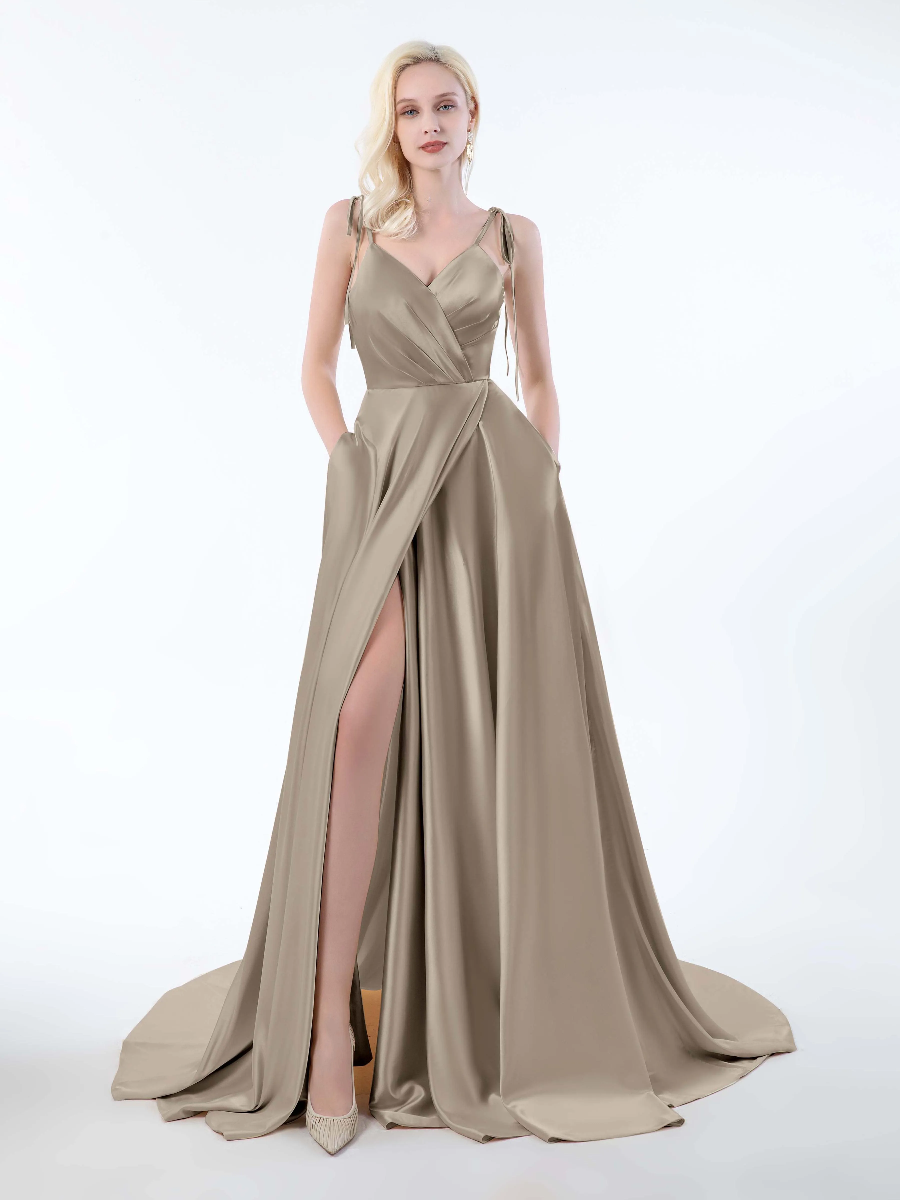 Brynlee Gorgeous Ruched Slit Satin Dresses