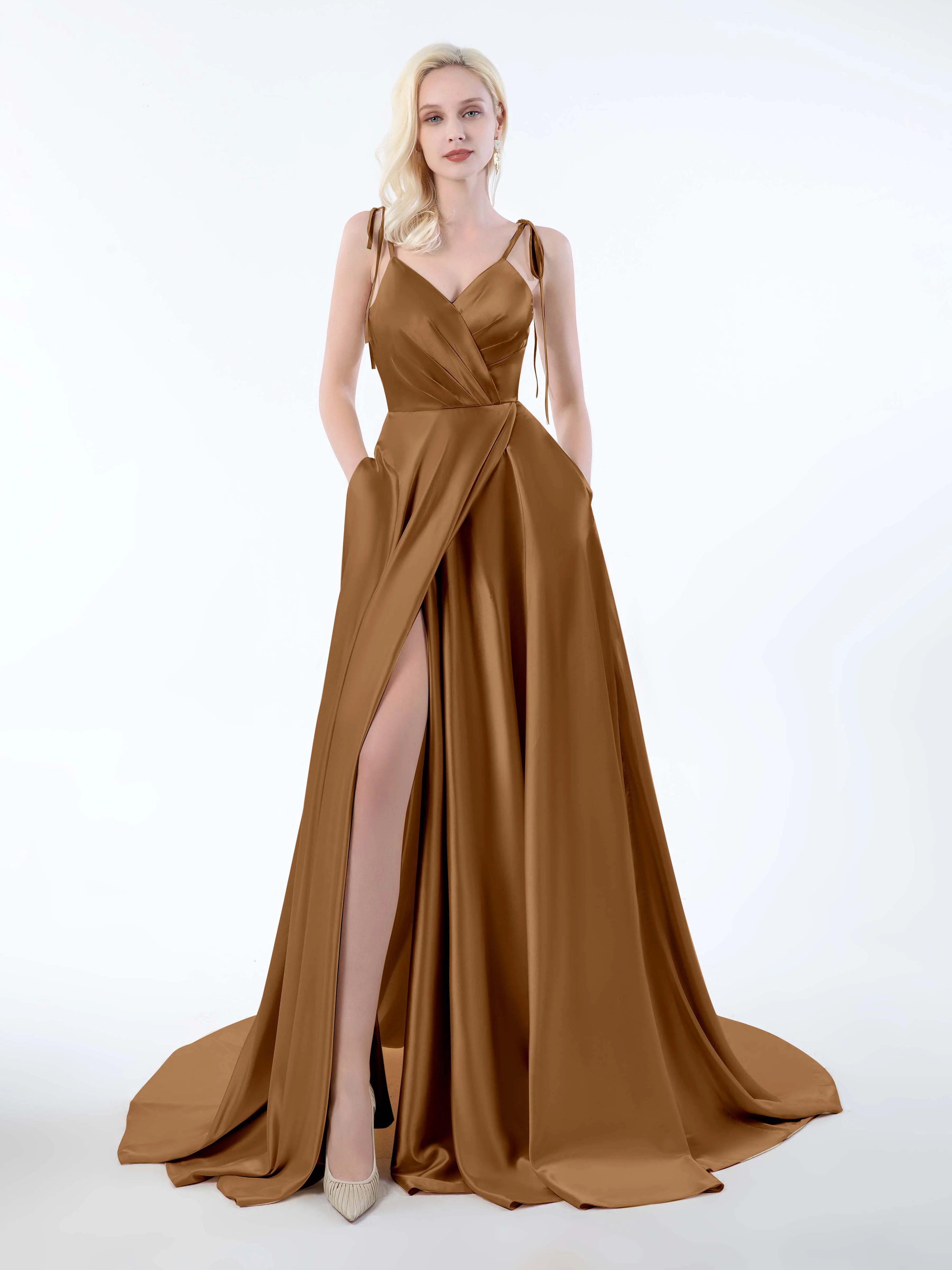 Brynlee Gorgeous Ruched Slit Satin Dresses