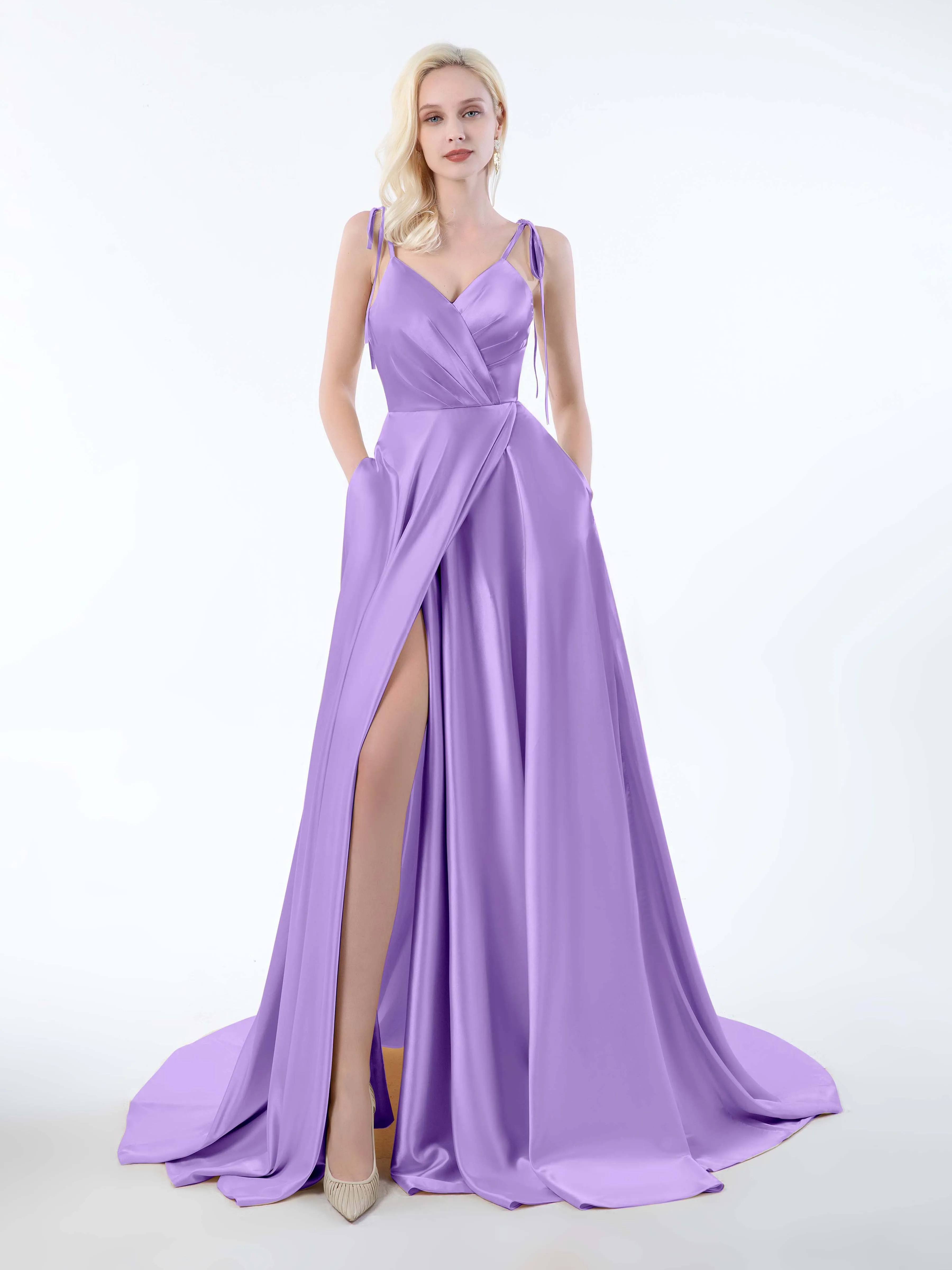 Brynlee Gorgeous Ruched Slit Satin Dresses