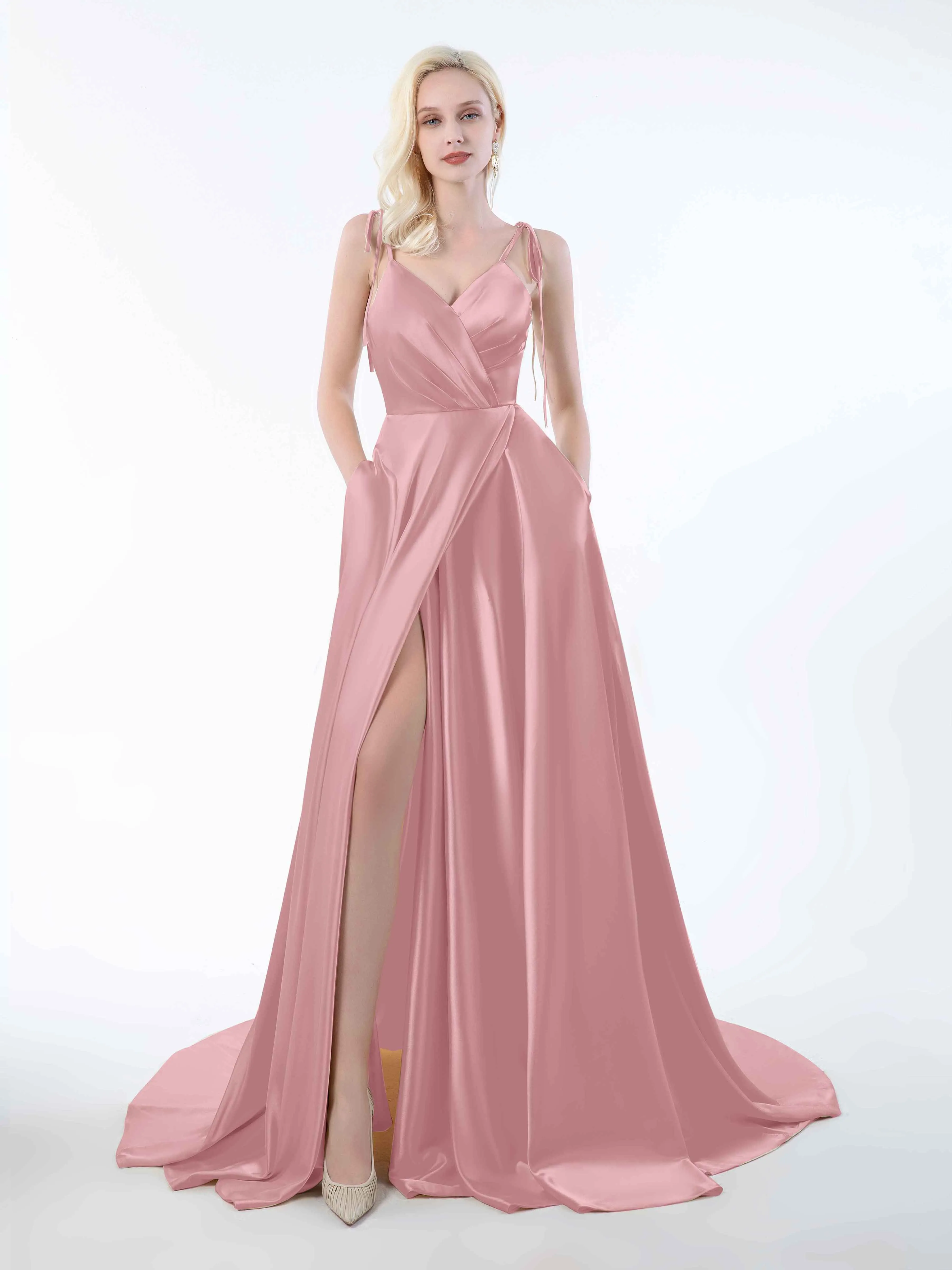Brynlee Gorgeous Ruched Slit Satin Dresses