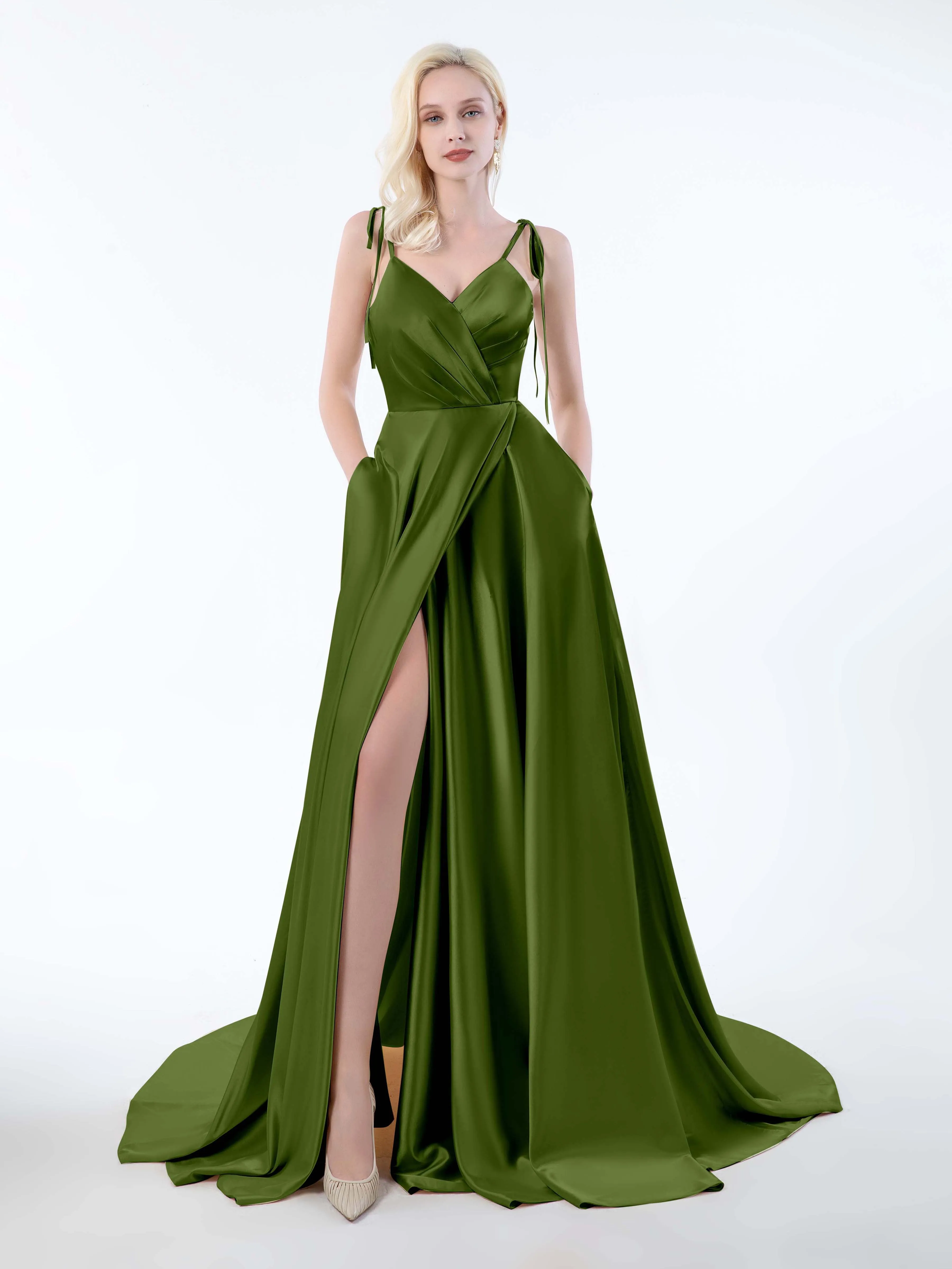 Brynlee Gorgeous Ruched Slit Satin Dresses