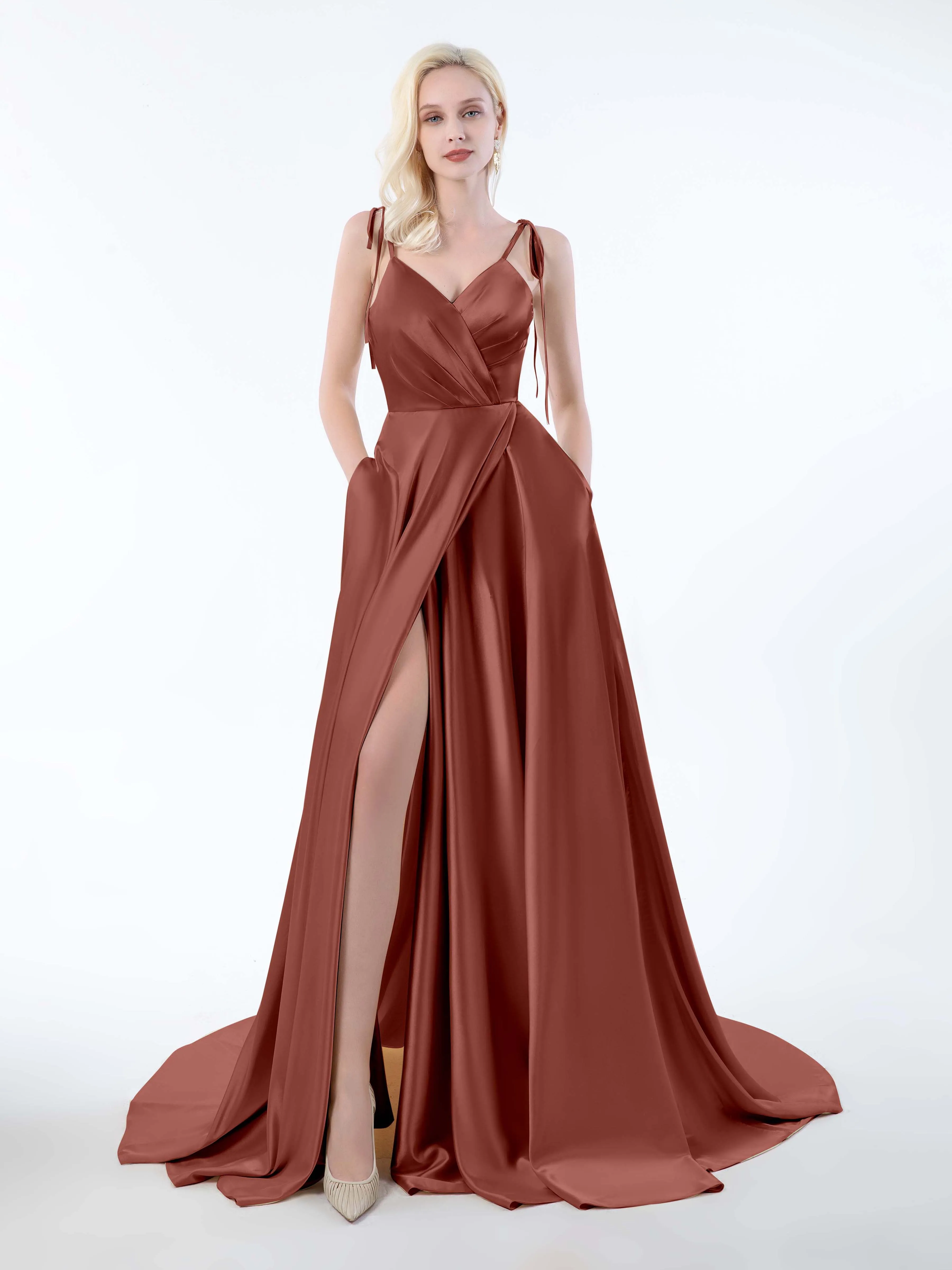 Brynlee Gorgeous Ruched Slit Satin Dresses