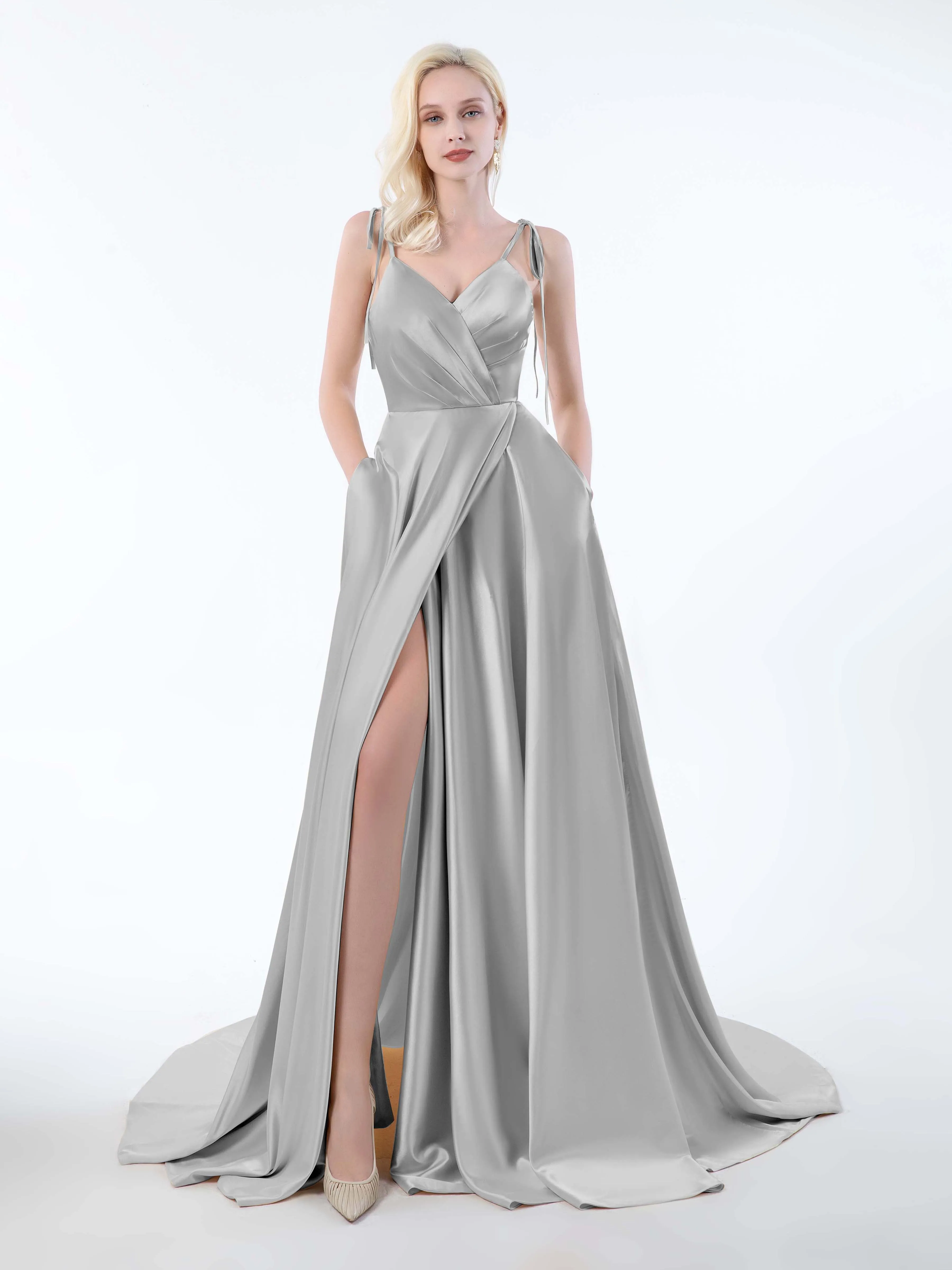 Brynlee Gorgeous Ruched Slit Satin Dresses