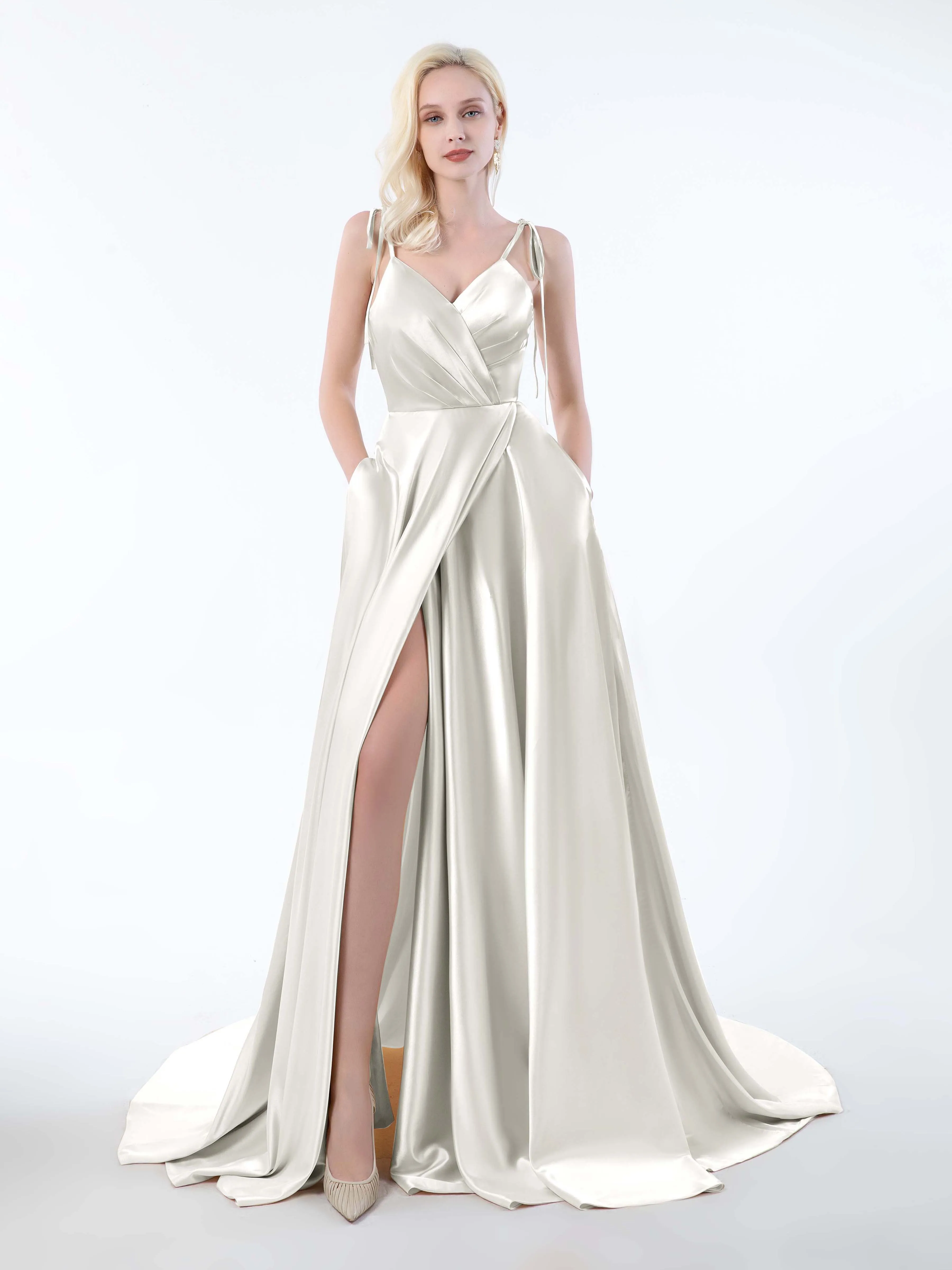Brynlee Gorgeous Ruched Slit Satin Dresses