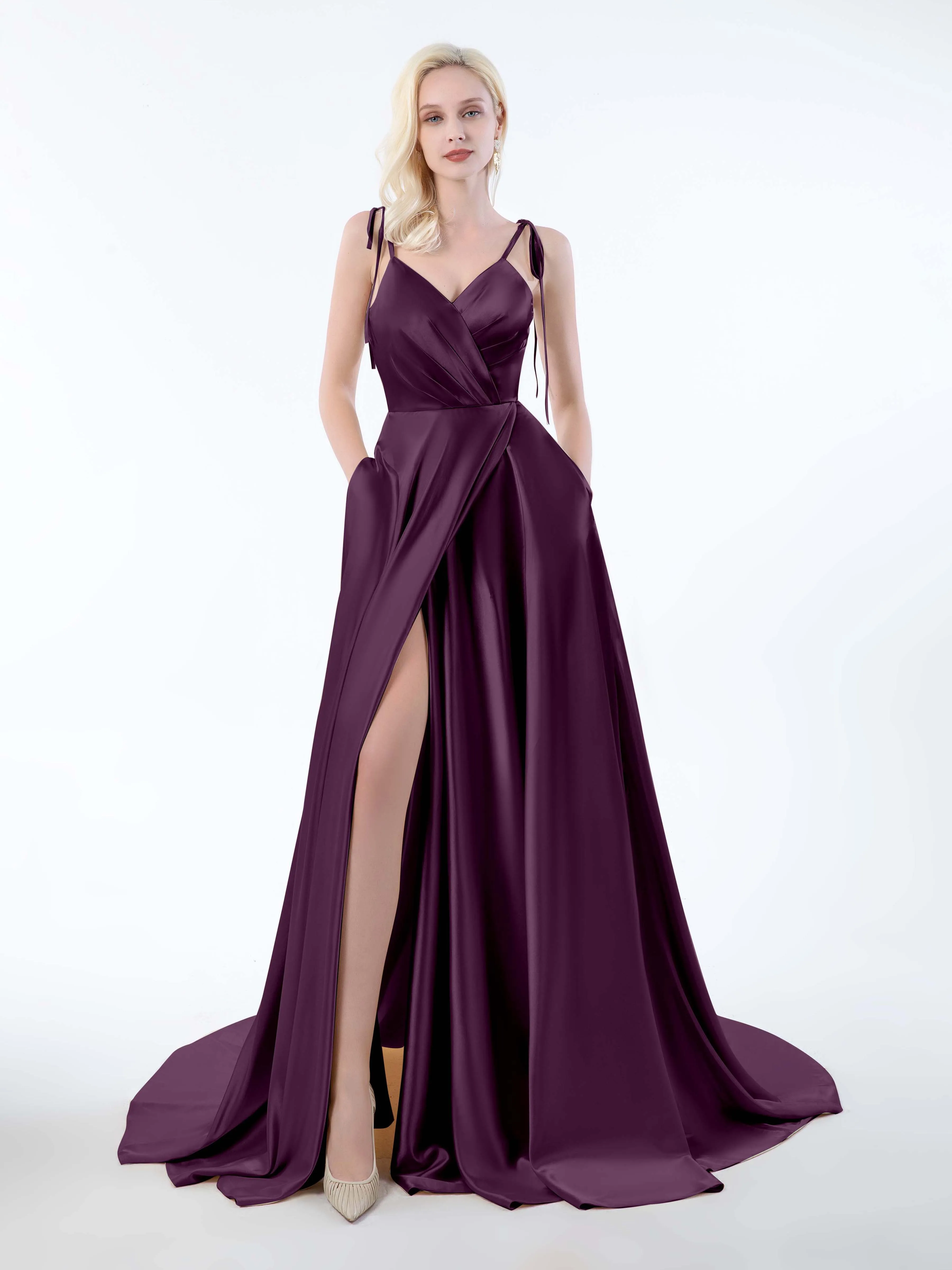 Brynlee Gorgeous Ruched Slit Satin Dresses