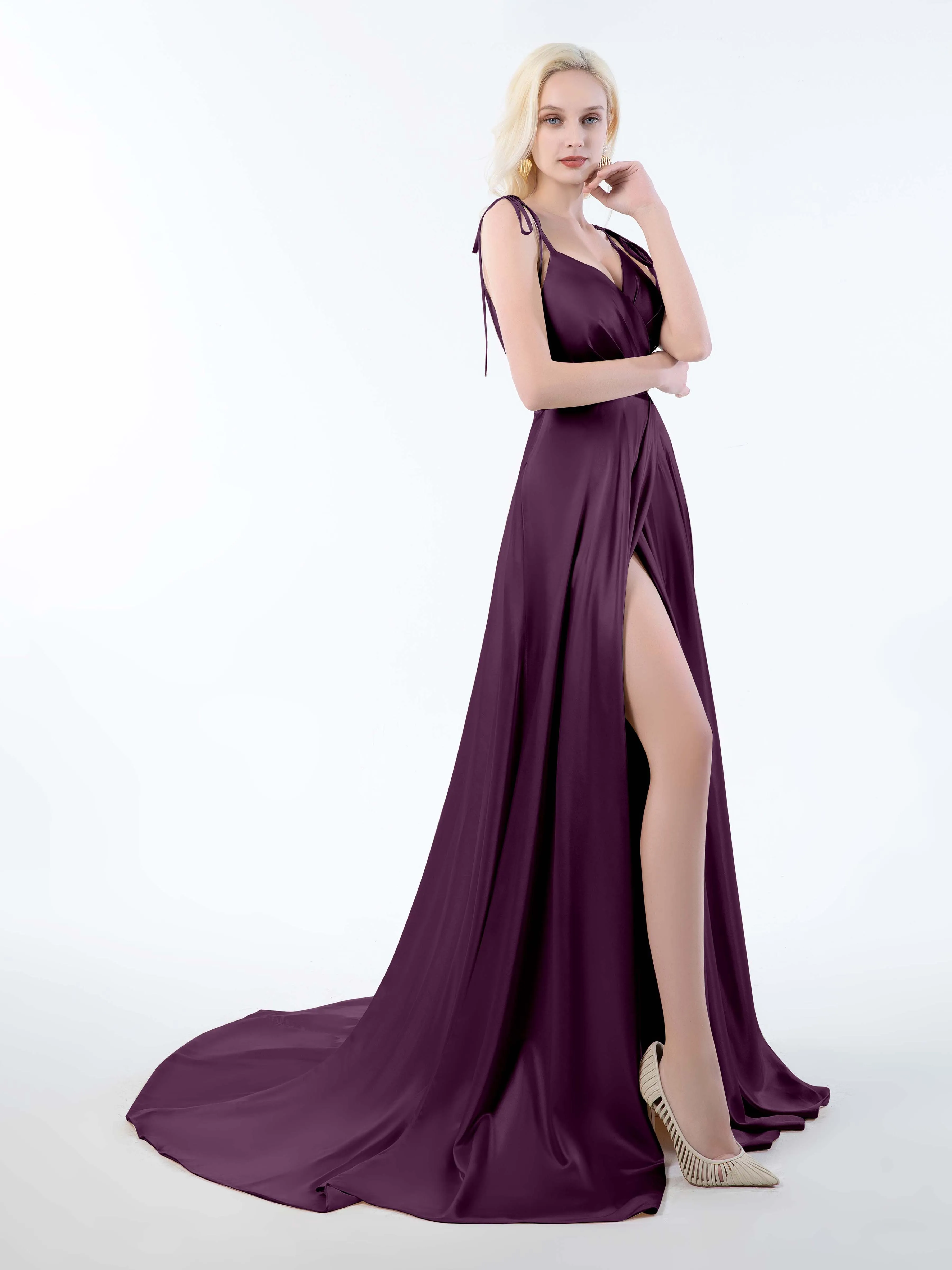 Brynlee Gorgeous Ruched Slit Satin Dresses