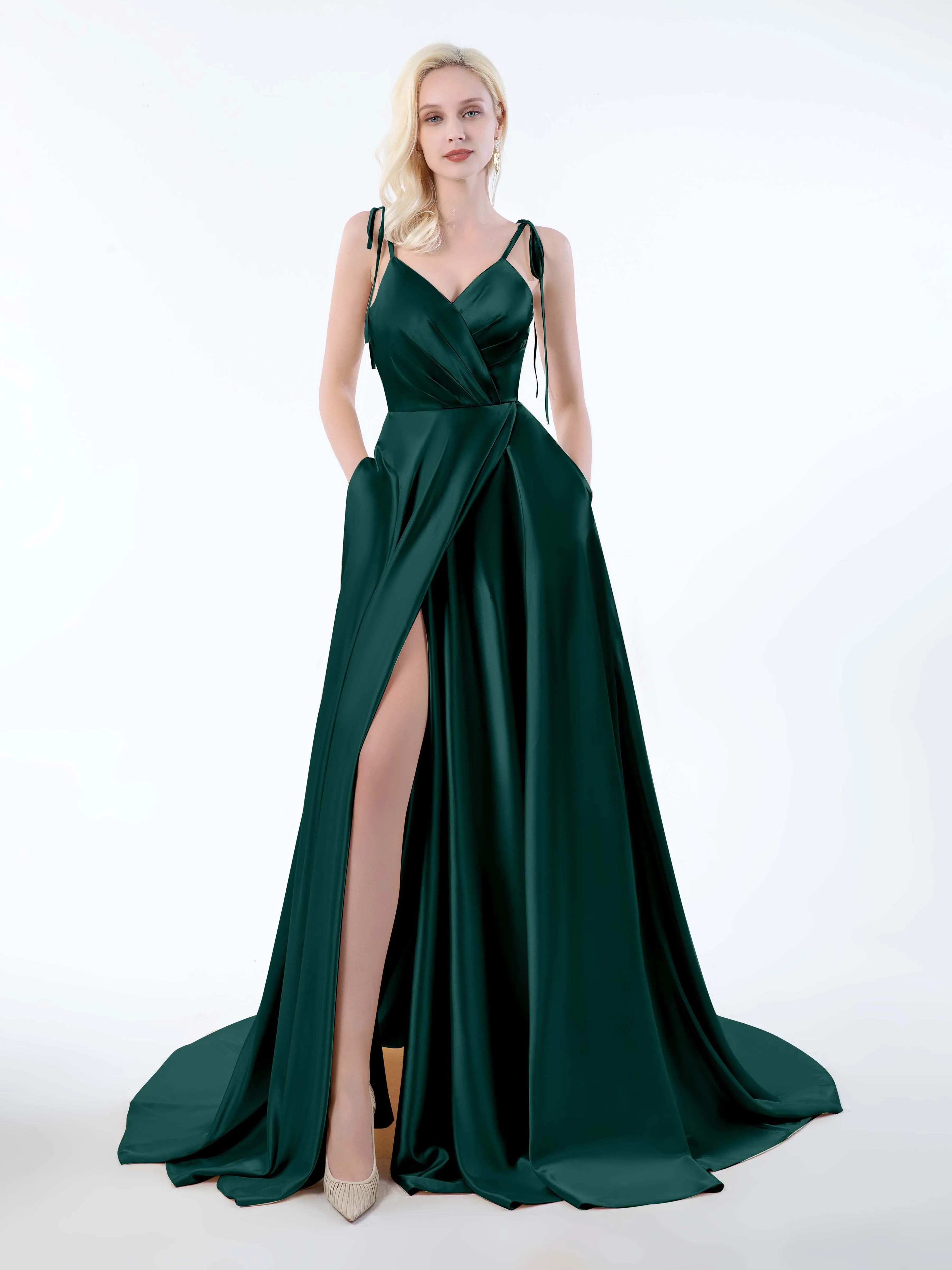 Brynlee Gorgeous Ruched Slit Satin Dresses