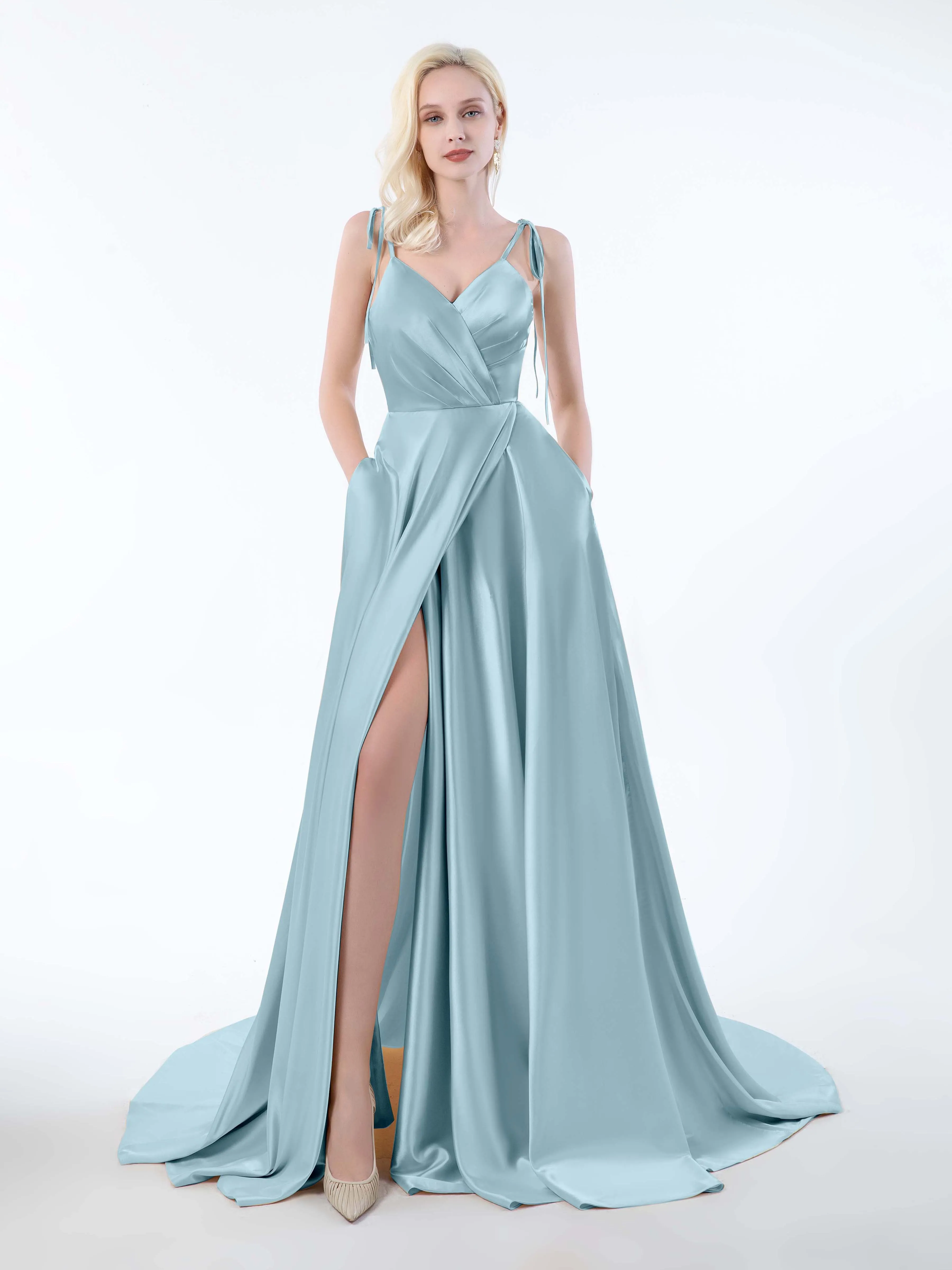 Brynlee Gorgeous Ruched Slit Satin Dresses