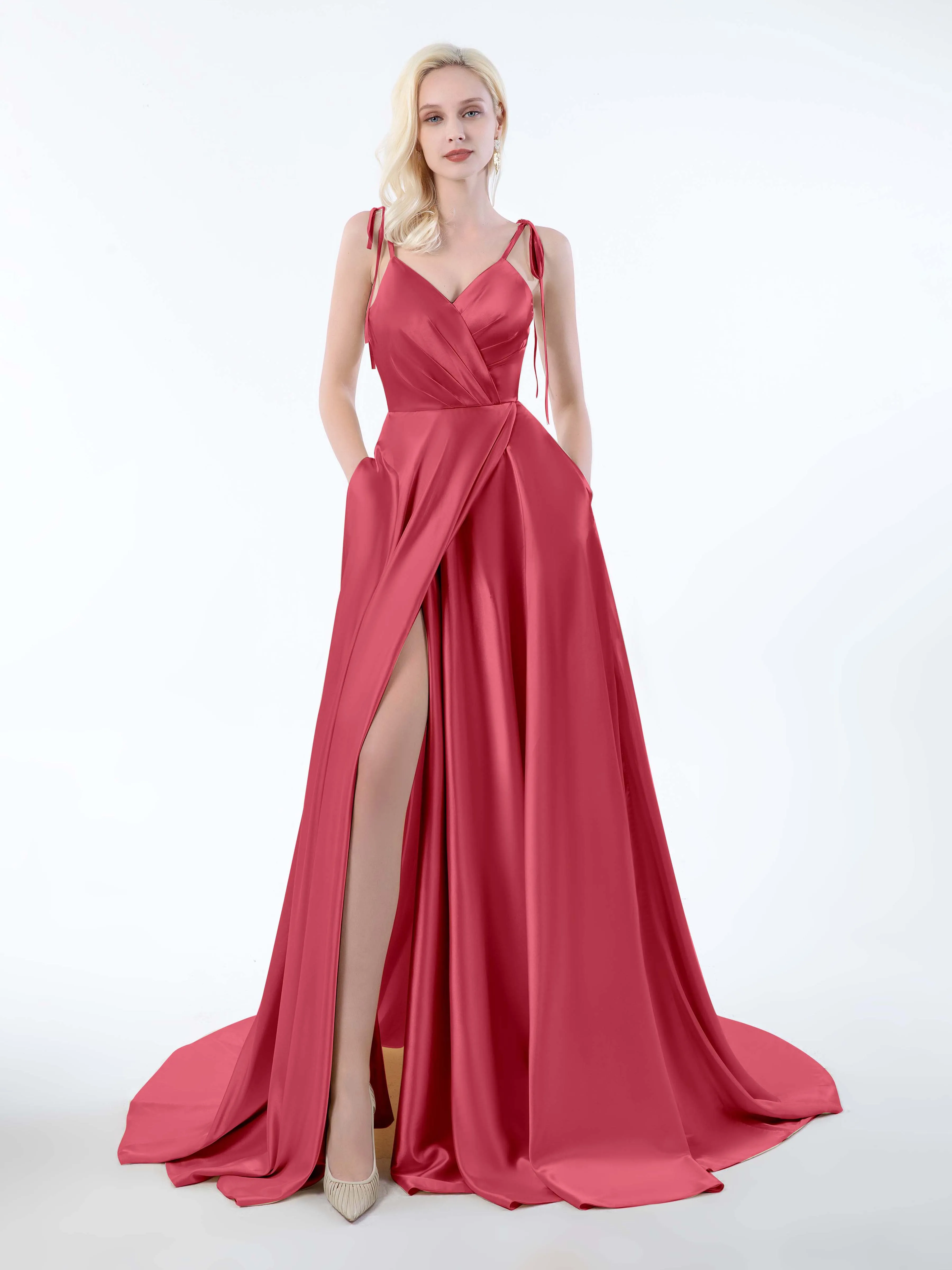 Brynlee Gorgeous Ruched Slit Satin Dresses