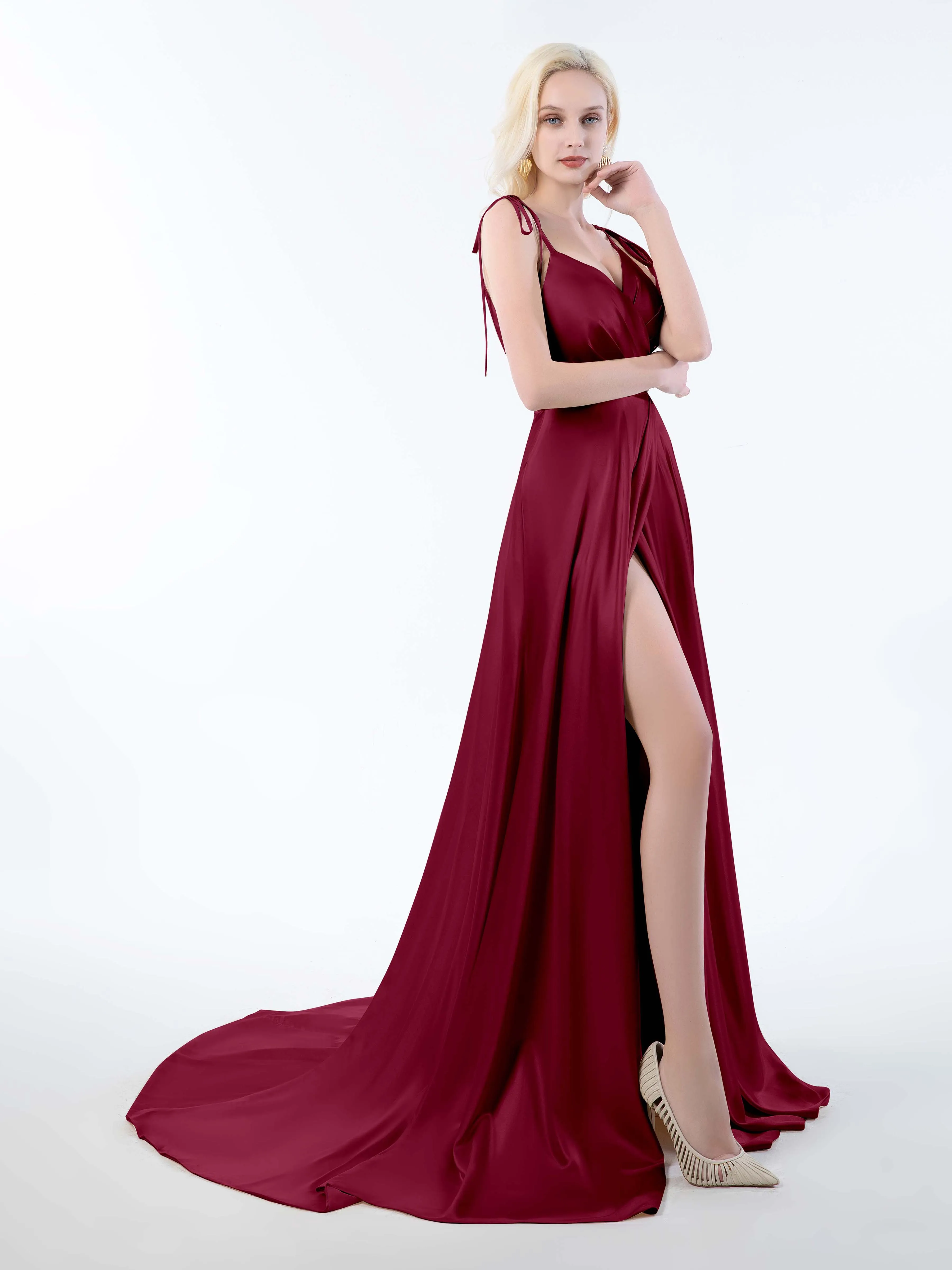 Brynlee Gorgeous Ruched Slit Satin Dresses