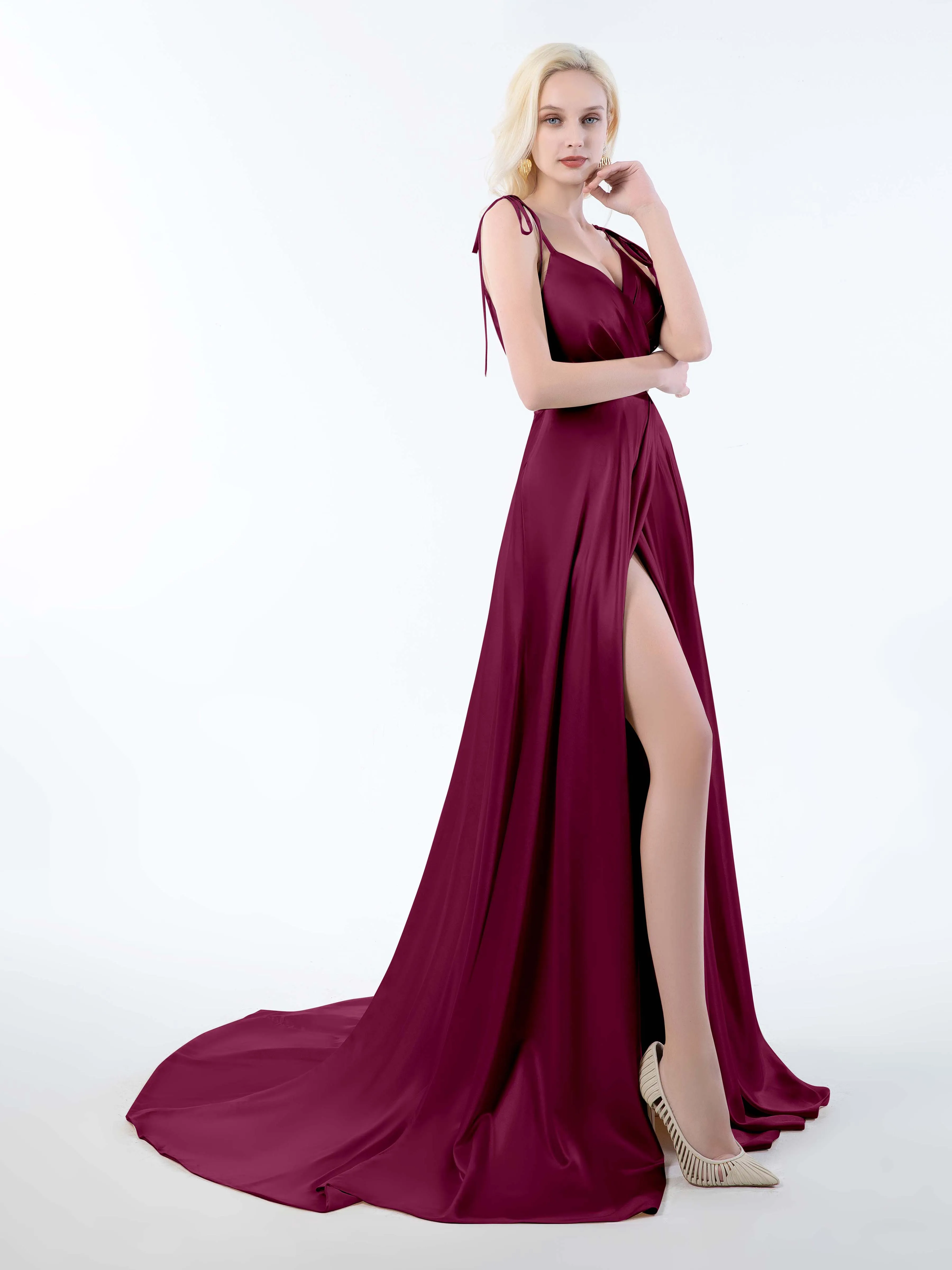 Brynlee Gorgeous Ruched Slit Satin Dresses