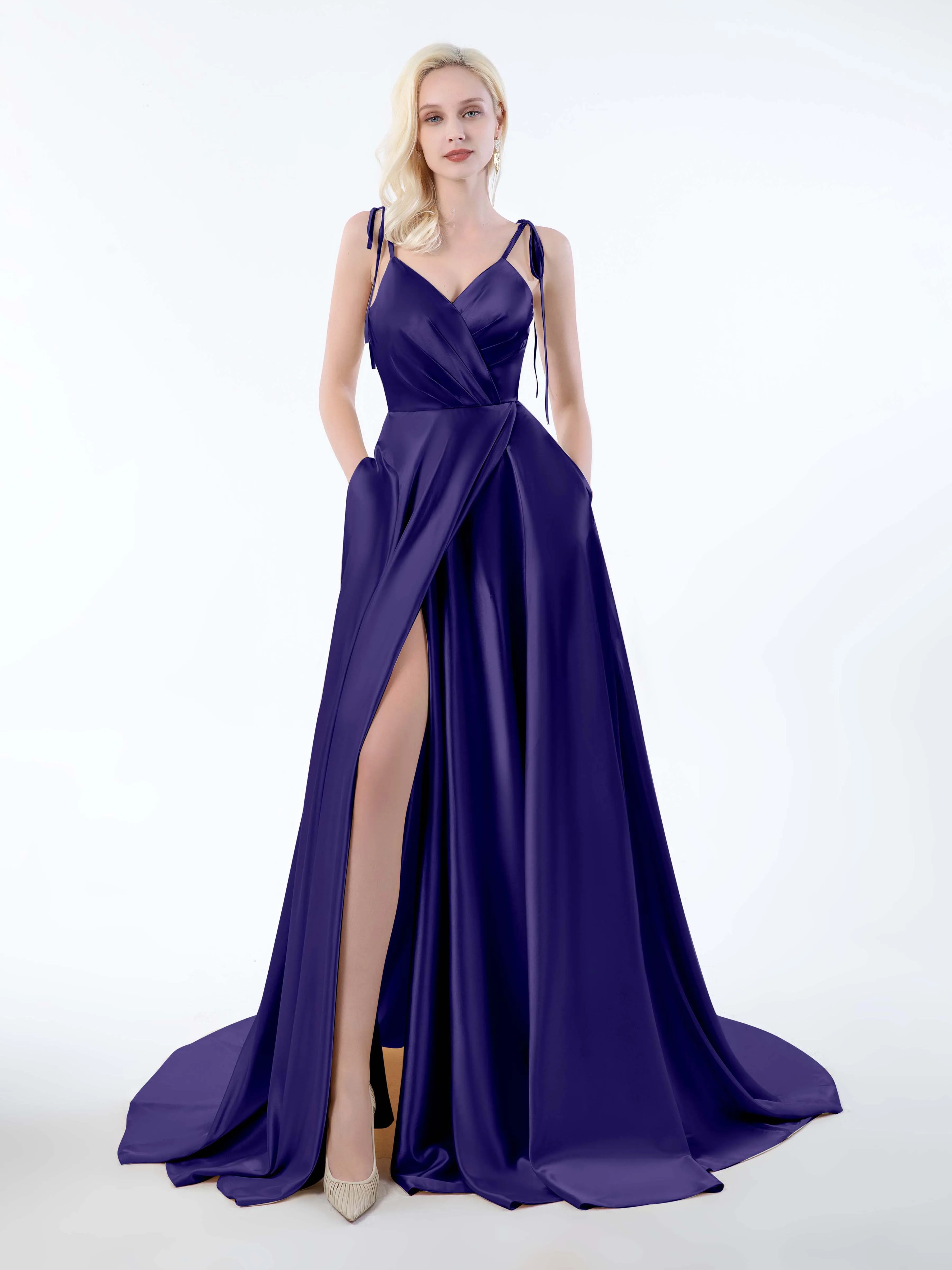 Brynlee Gorgeous Ruched Slit Satin Dresses
