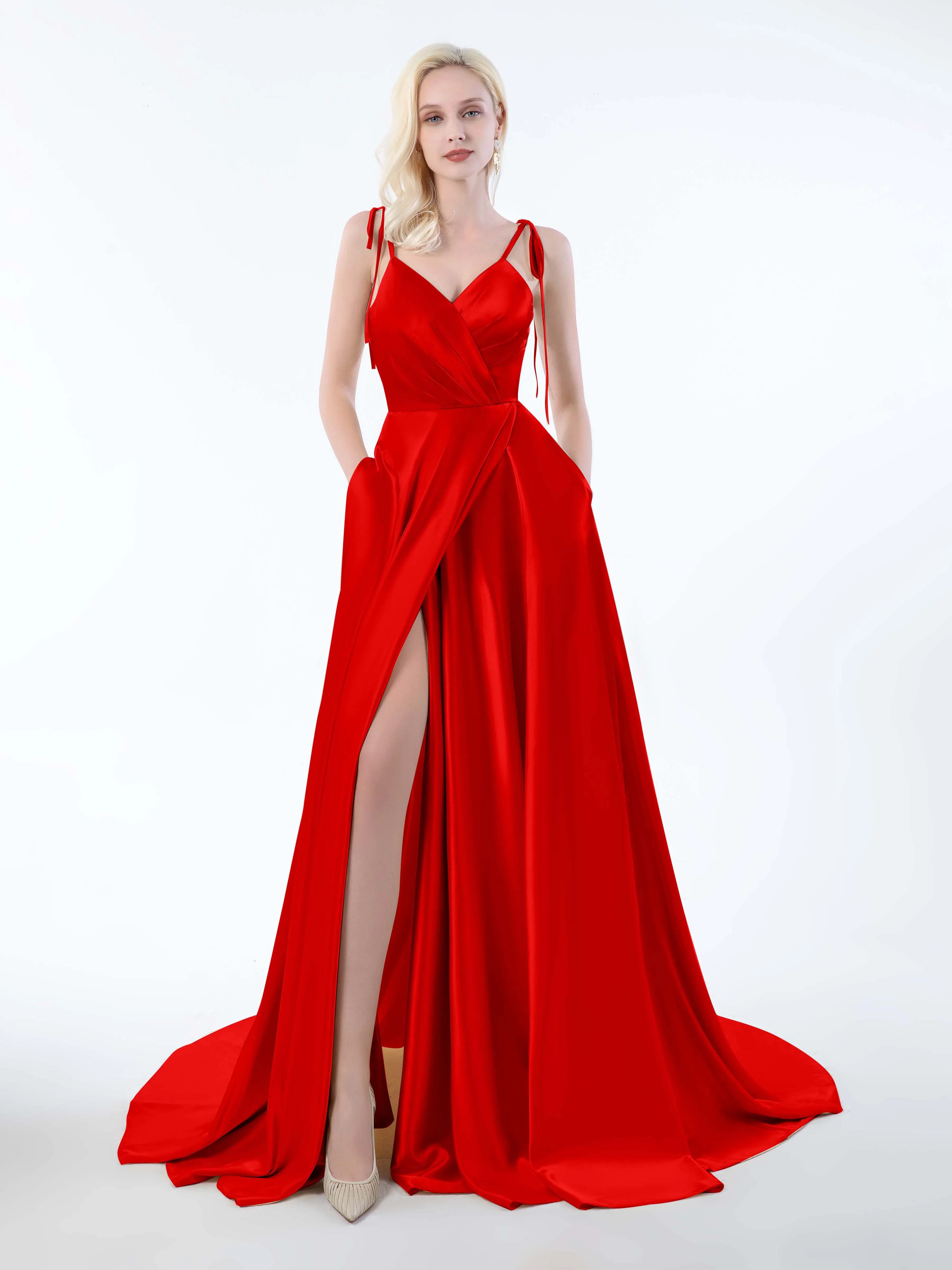 Brynlee Gorgeous Ruched Slit Satin Dresses