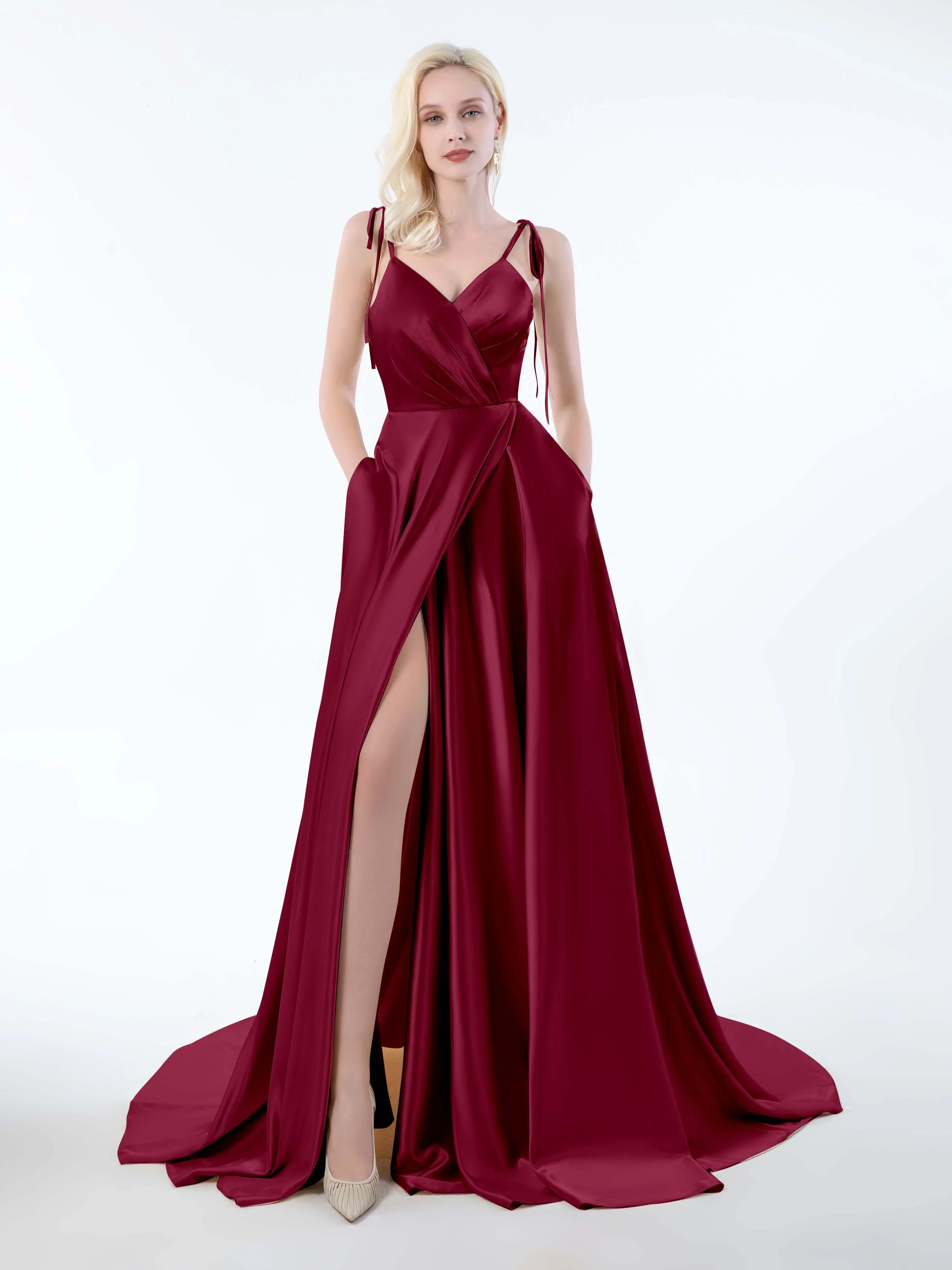 Brynlee Gorgeous Ruched Slit Satin Dresses