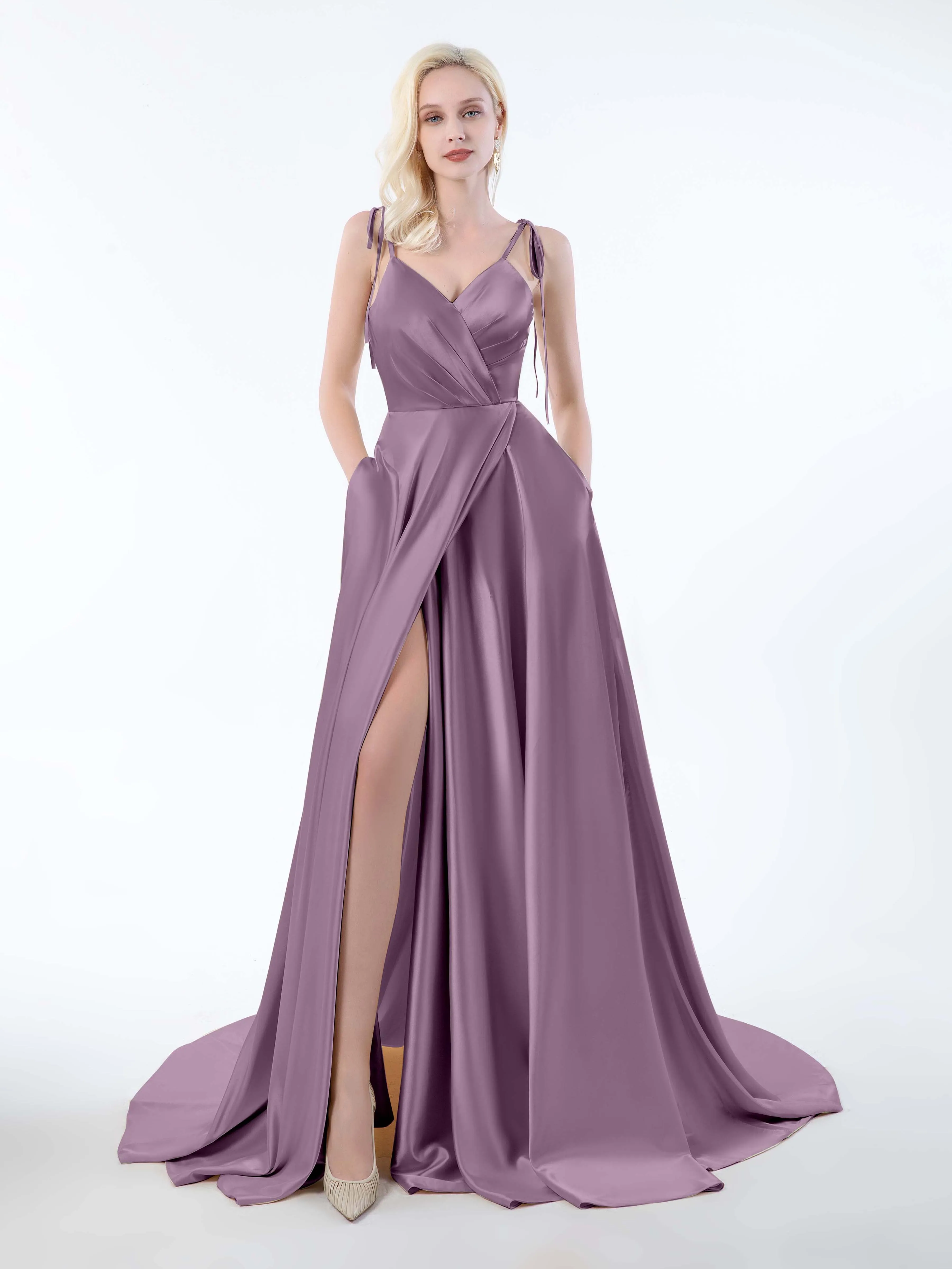 Brynlee Gorgeous Ruched Slit Satin Dresses