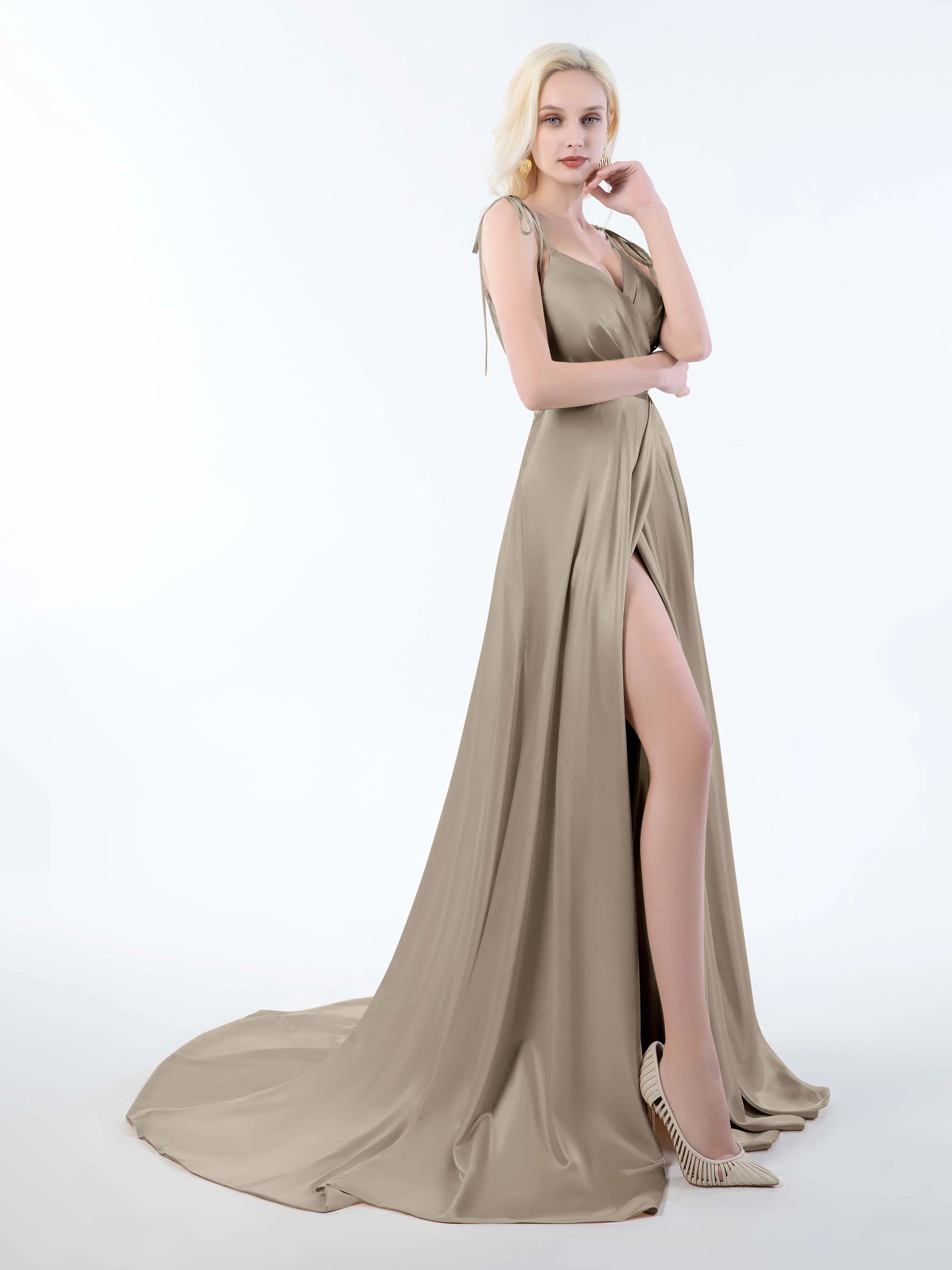 Brynlee Gorgeous Ruched Slit Satin Dresses