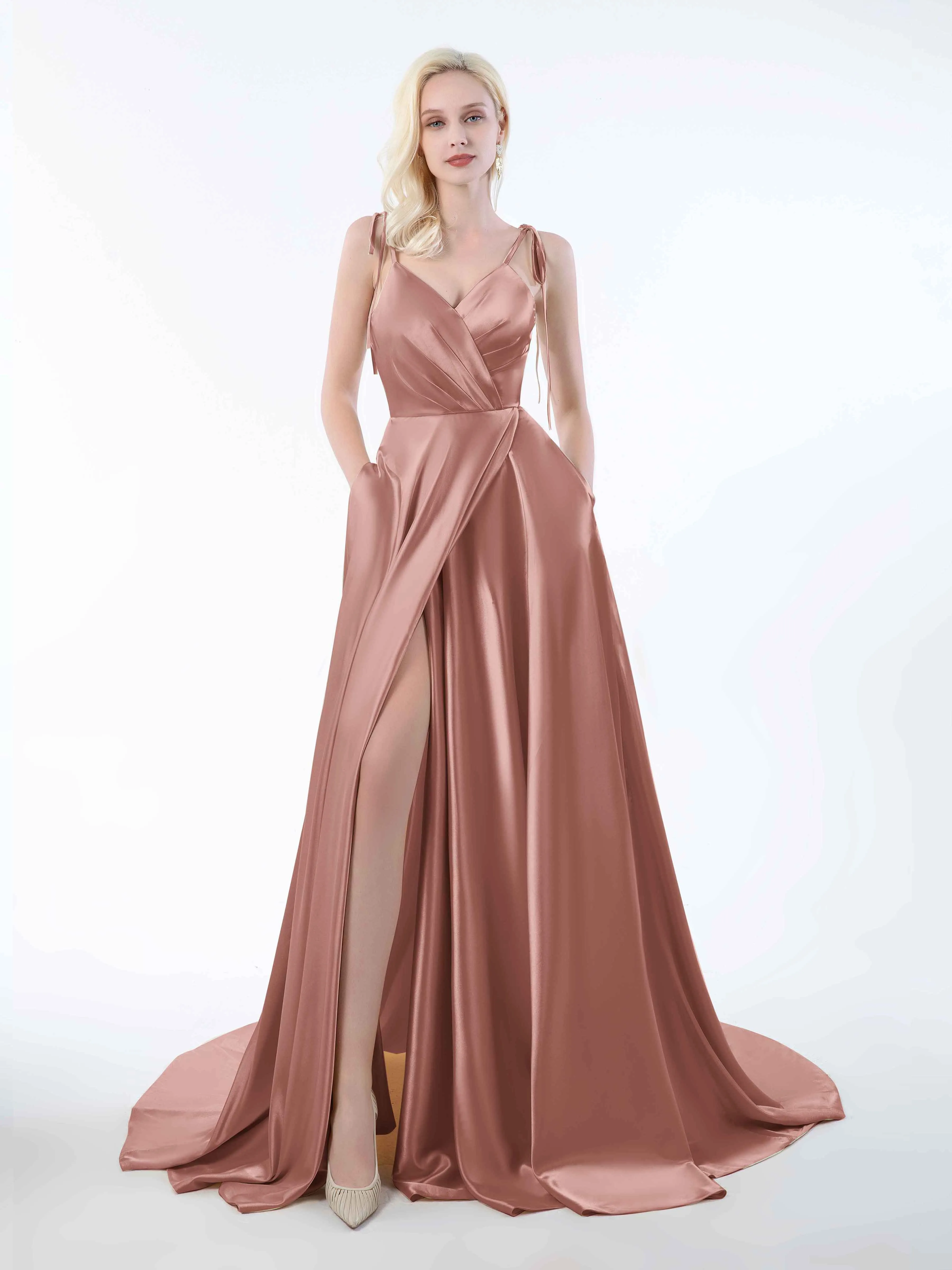Brynlee Gorgeous Ruched Slit Satin Dresses