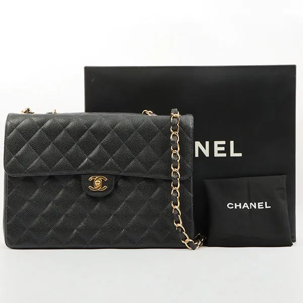 Chanel 2003 Made Caviar Skin Classic Flap Chain Bag Jumbo Black