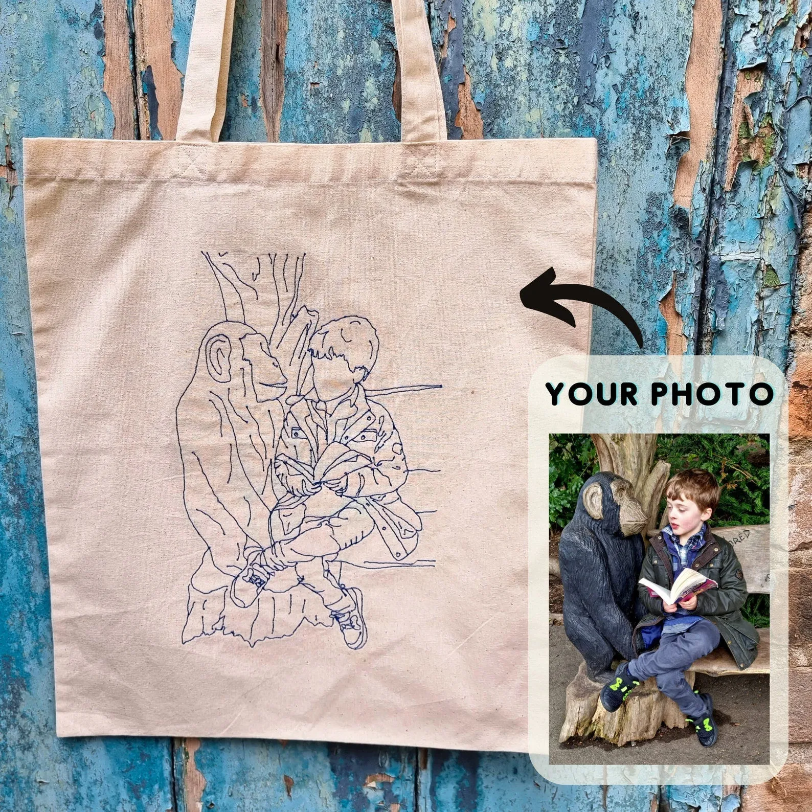 Custom Line Art Photo Embroidered Natural or Black Tote Bag | Custom Photo Embroidery | Personalised Colours | Cotton Canvas Shopper Bag
