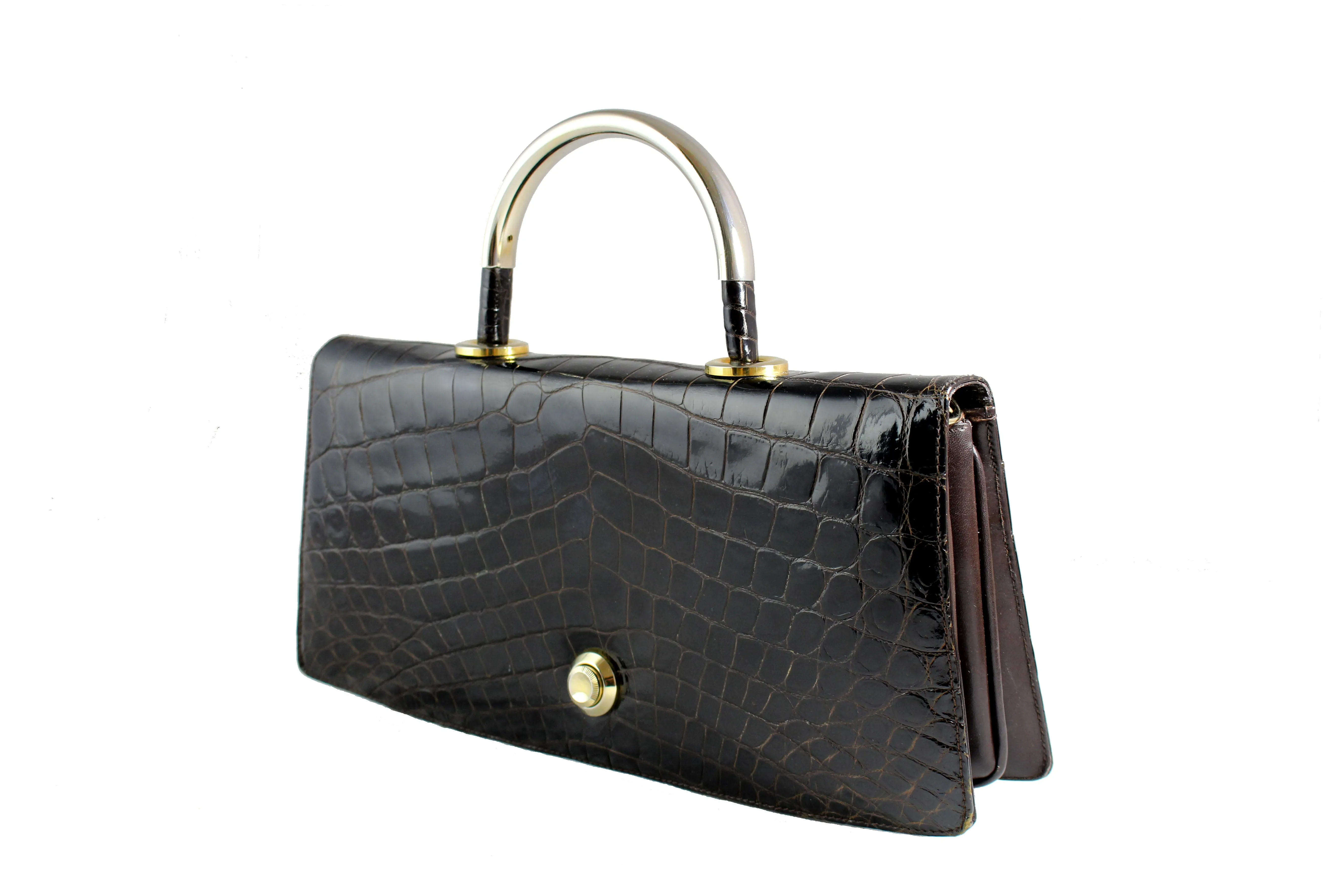 EL CORTE INGLÉS brown crocodile handbag with metal handle