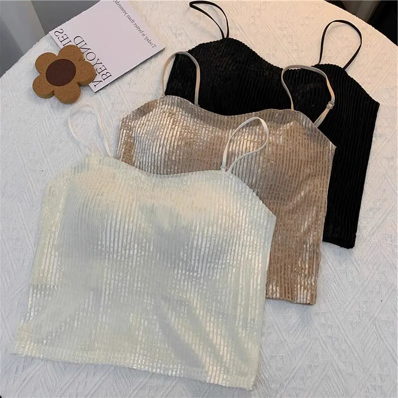 French Style Gold Velvet Small Sling Vest for Women with Chest Pad Backless Bra One Piece Underwear Inner Bottoming Shirt Tops