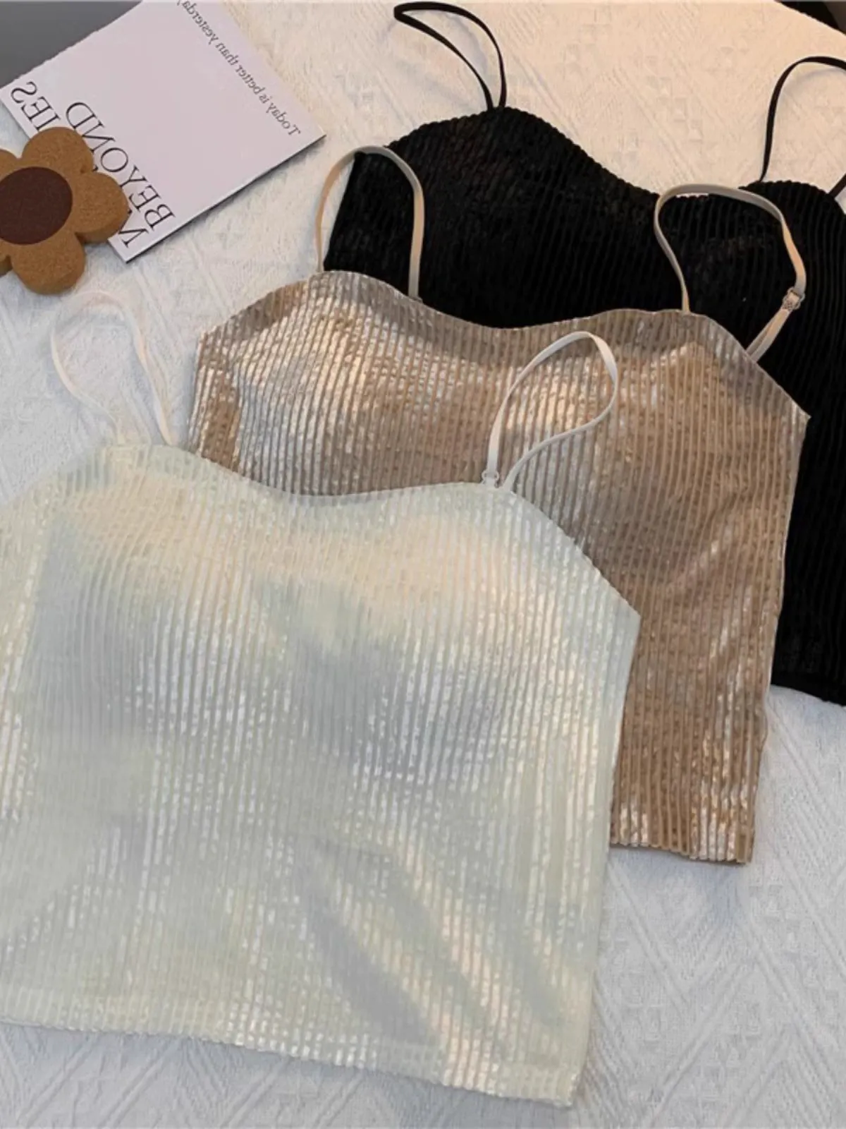 French Style Gold Velvet Small Sling Vest for Women with Chest Pad Backless Bra One Piece Underwear Inner Bottoming Shirt Tops