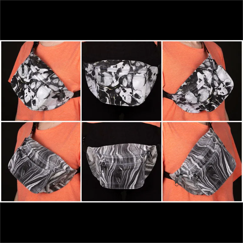 Marble Fanny Pack Exclusive Edition Splashed or Lined Patterns, Black And White, 3 Pockets & Adjustable Belt