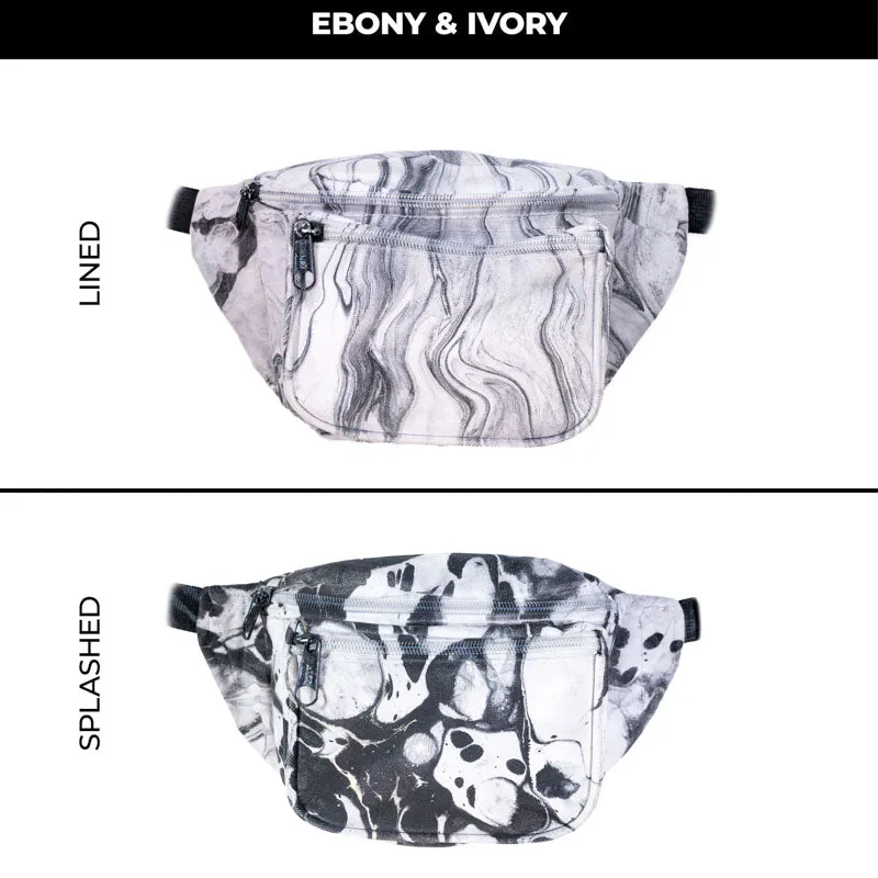 Marble Fanny Pack Exclusive Edition Splashed or Lined Patterns, Black And White, 3 Pockets & Adjustable Belt