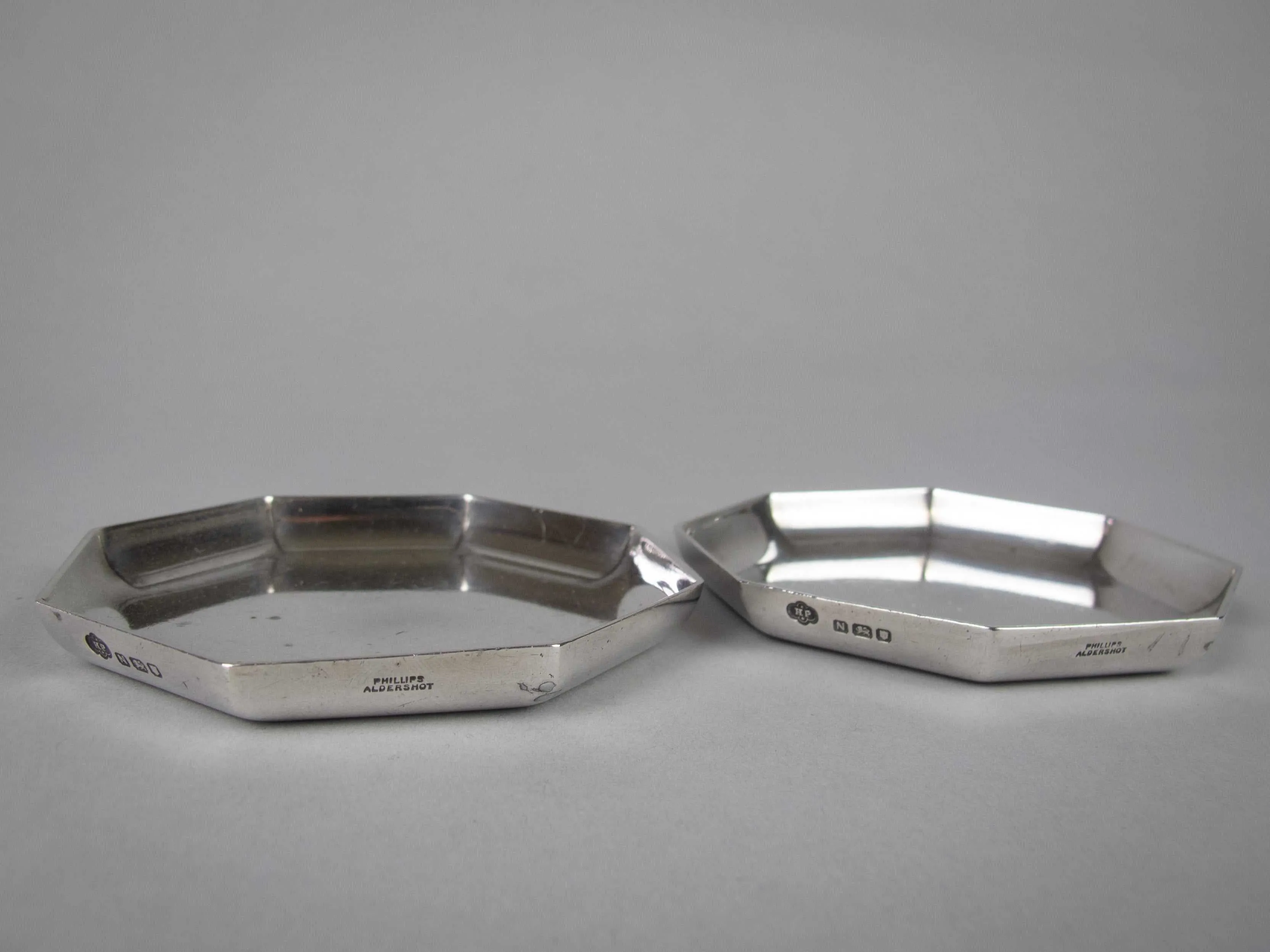 Pair of Silver Small Octagonal Trays by H Phillips Aldershot, London, 1948.