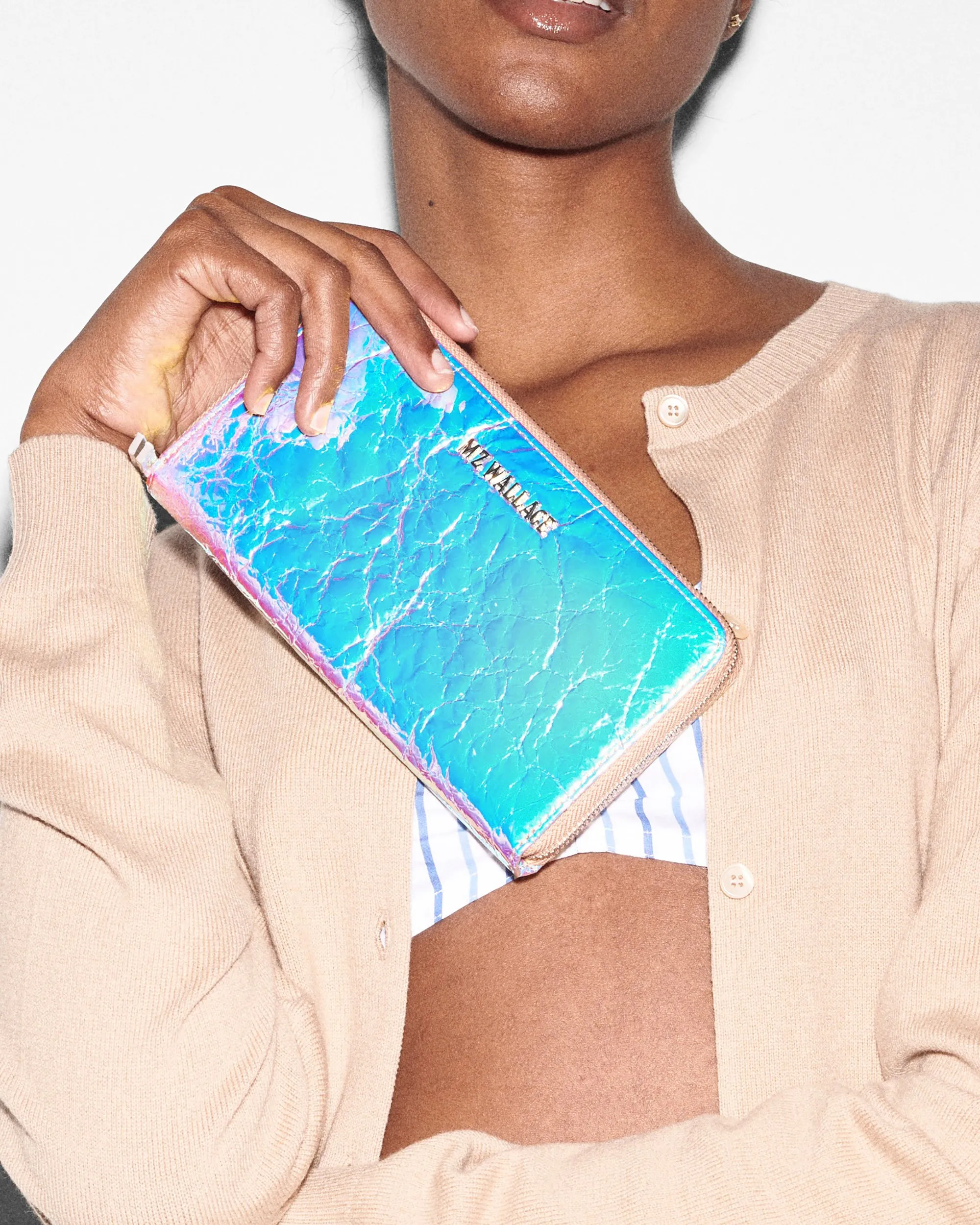 Pink Opal Leather Long Zip Round Wallet