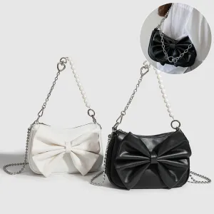 "Black & White PU Bow Handbag – Autumn/Winter Tote with Pearl Chain Detail"