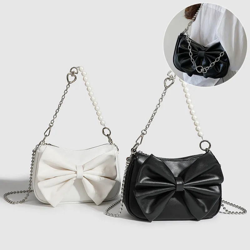 "Black & White PU Bow Handbag – Autumn/Winter Tote with Pearl Chain Detail"
