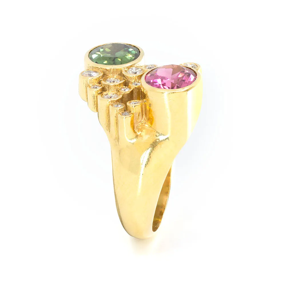 Red & Green Tourmaline Duet Ring with Terraced Cluster Diamonds