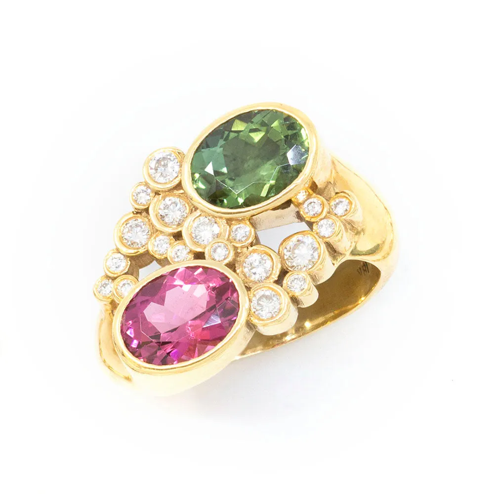 Red & Green Tourmaline Duet Ring with Terraced Cluster Diamonds