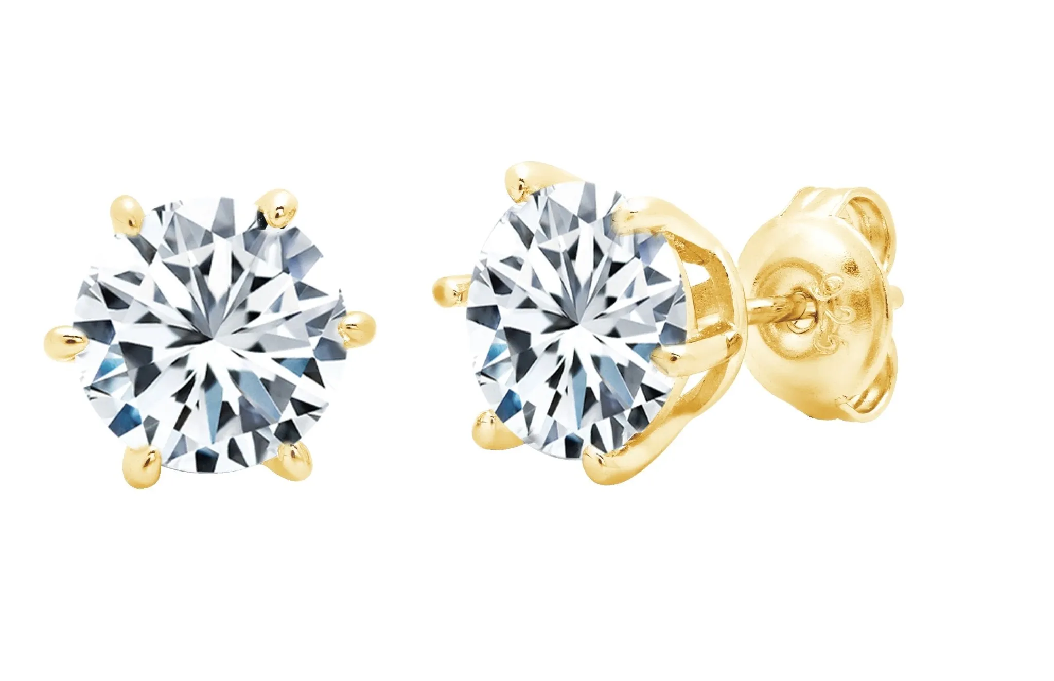 Solitaire Brilliant Stud Earrings - 6 prong Finished in 18kt Yellow Gold