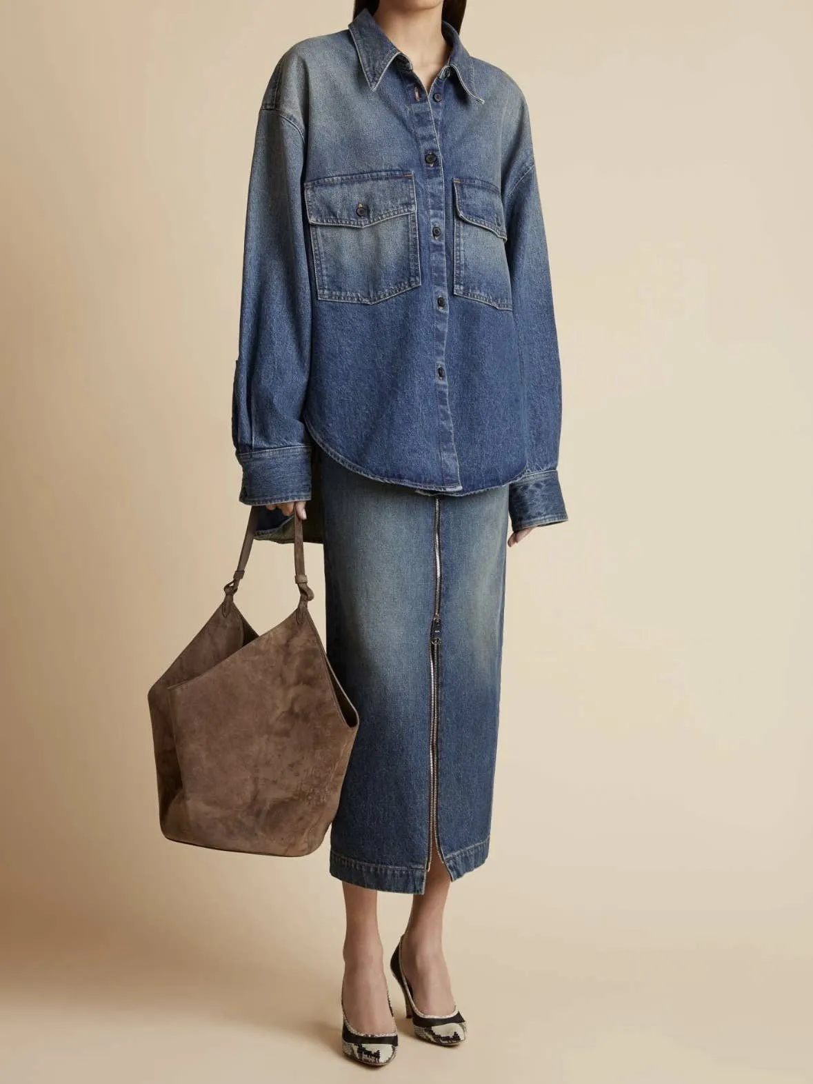 Sook Stainable - Suede Leather Big Size Bucket Shape Tote Bag