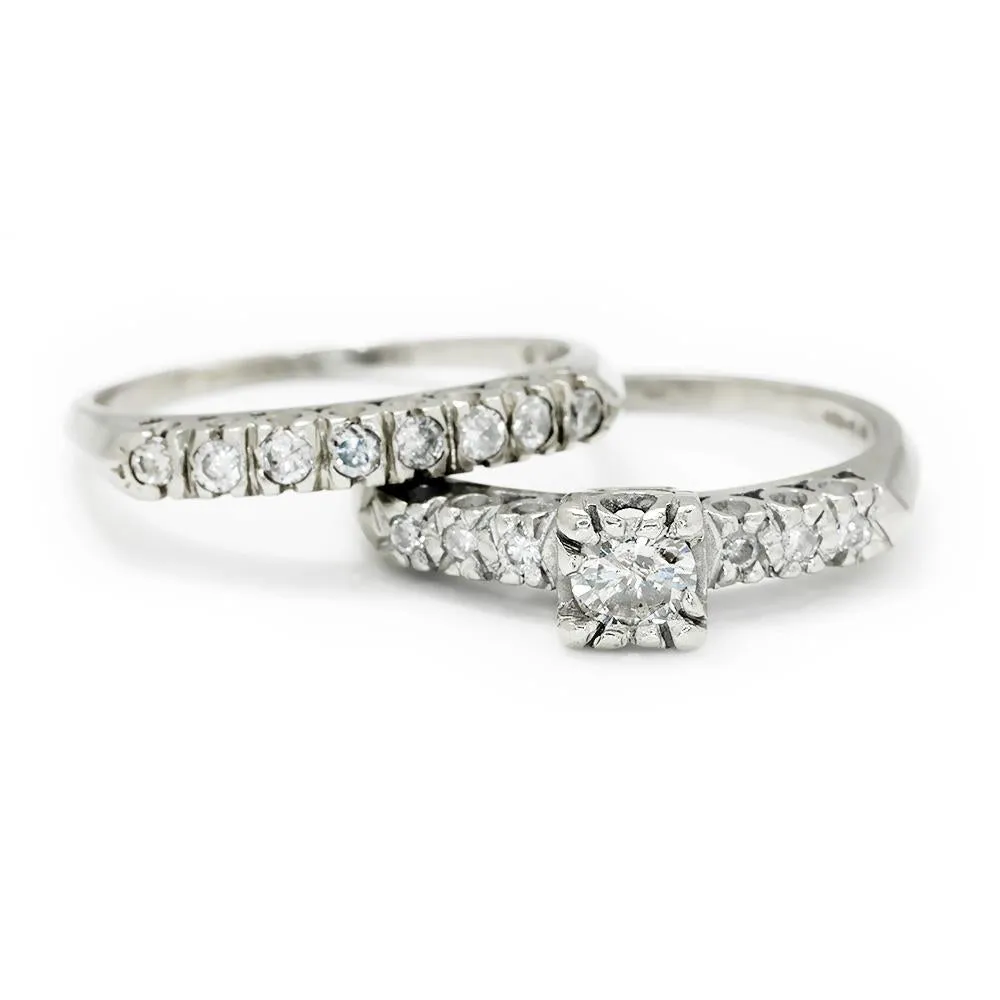 Vintage Round Diamond Engagement Ring Set White Gold .50ctw